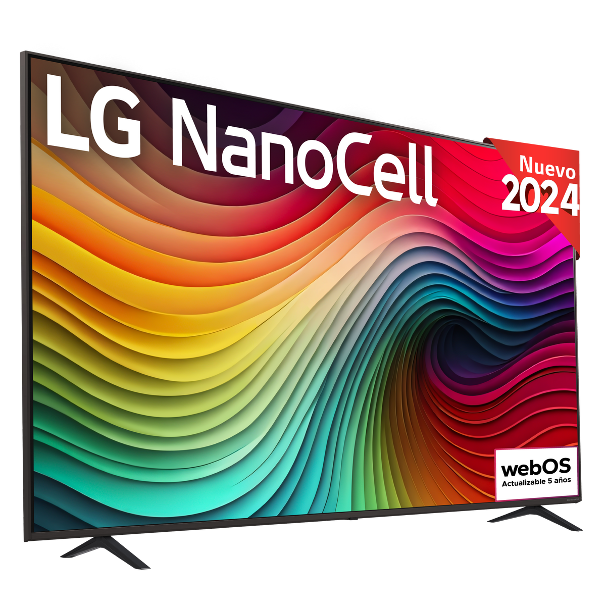 Telewizor LG NanoCell z kolorowym ekranem i naklejką 'Nuevo 2024', na białym tle.