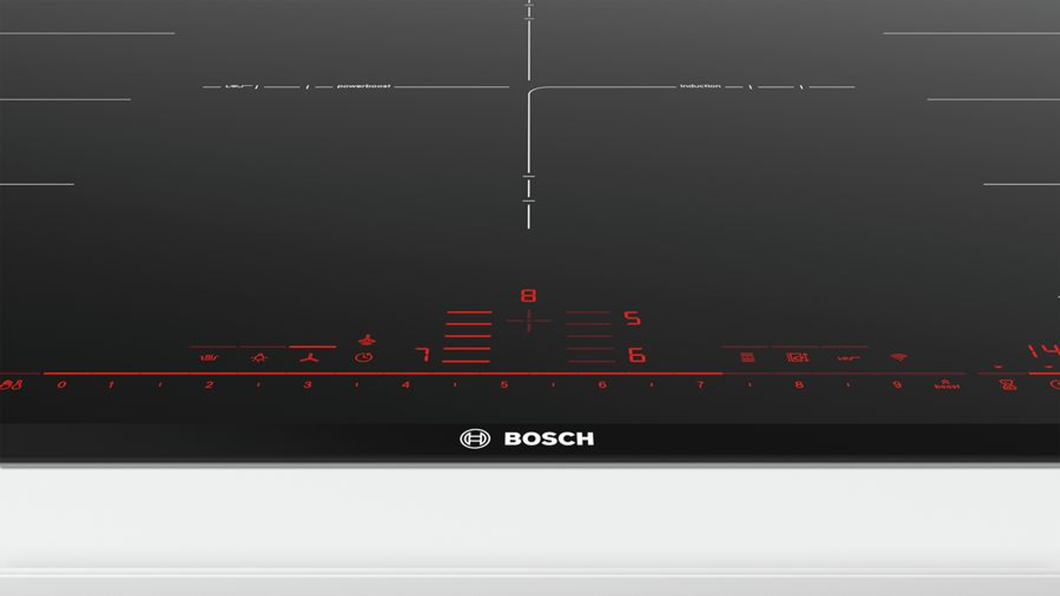 Zwarte inductiekookplaat met rode display en Bosch logo.