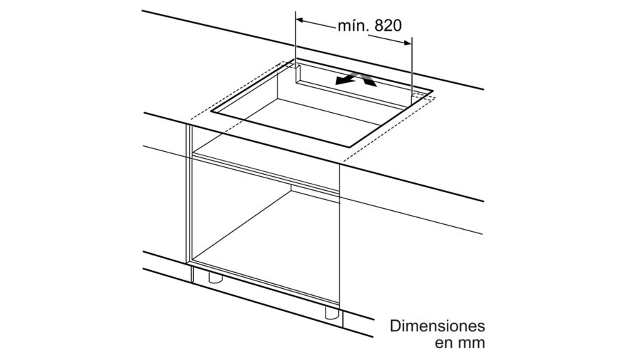 Diagram van een keukenblad-uitsparing met afmetingen in mm.
