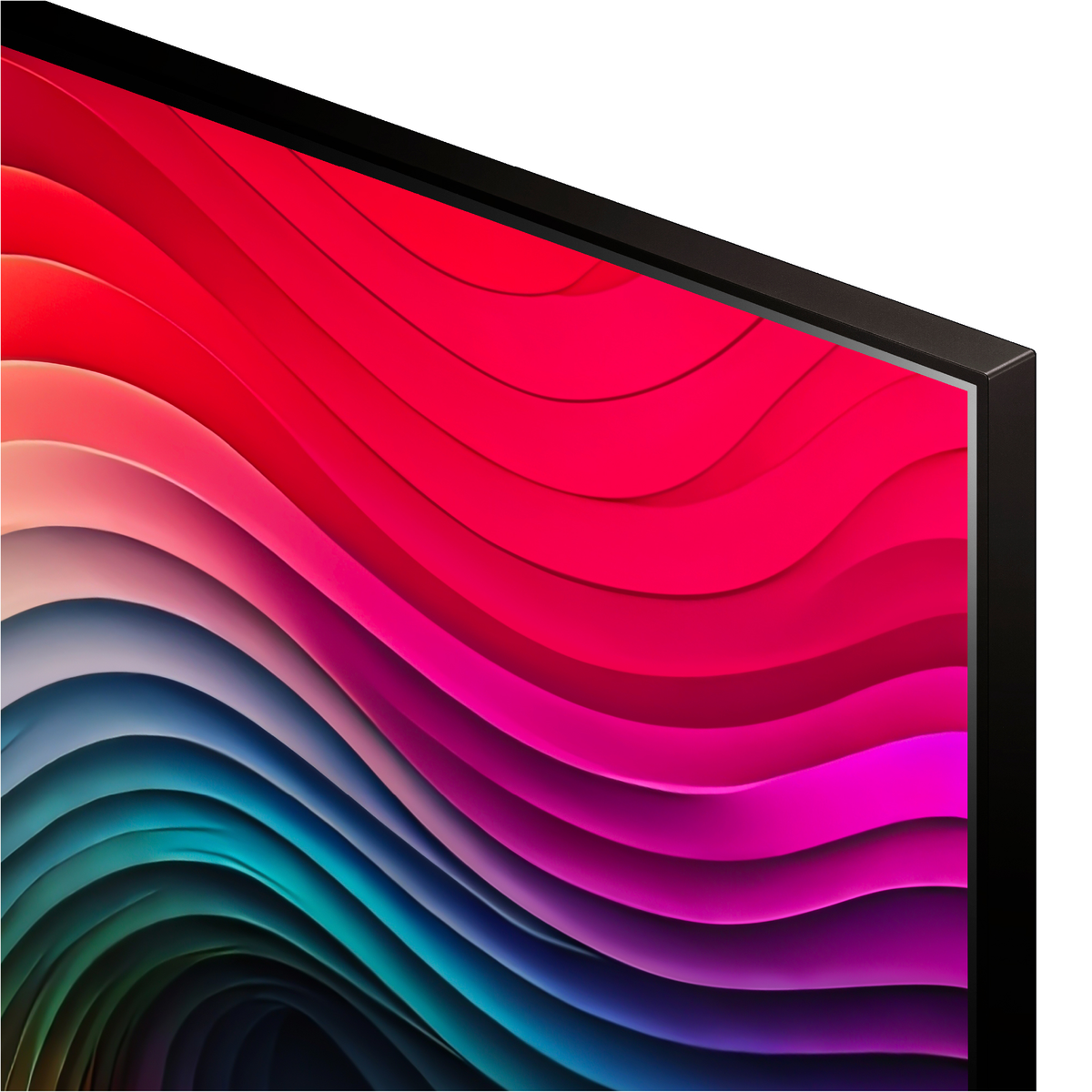 Primer plano de una pantalla con un diseño abstracto colorido y ondulado.