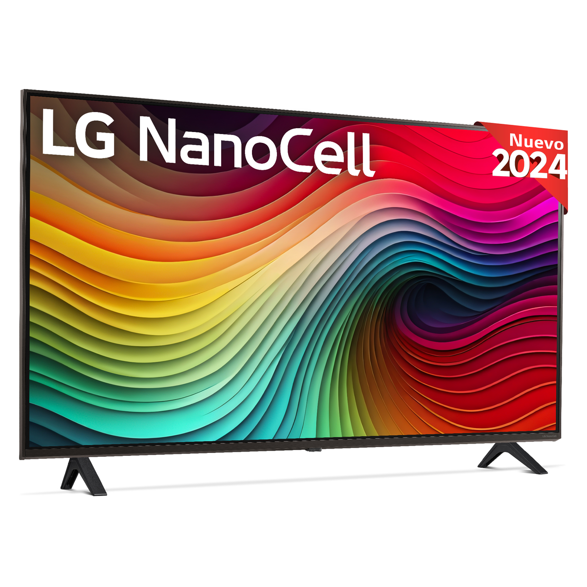 Un gran televisor LG NanoCell con pantalla colorida y etiqueta roja 'Nuevo 2024'.