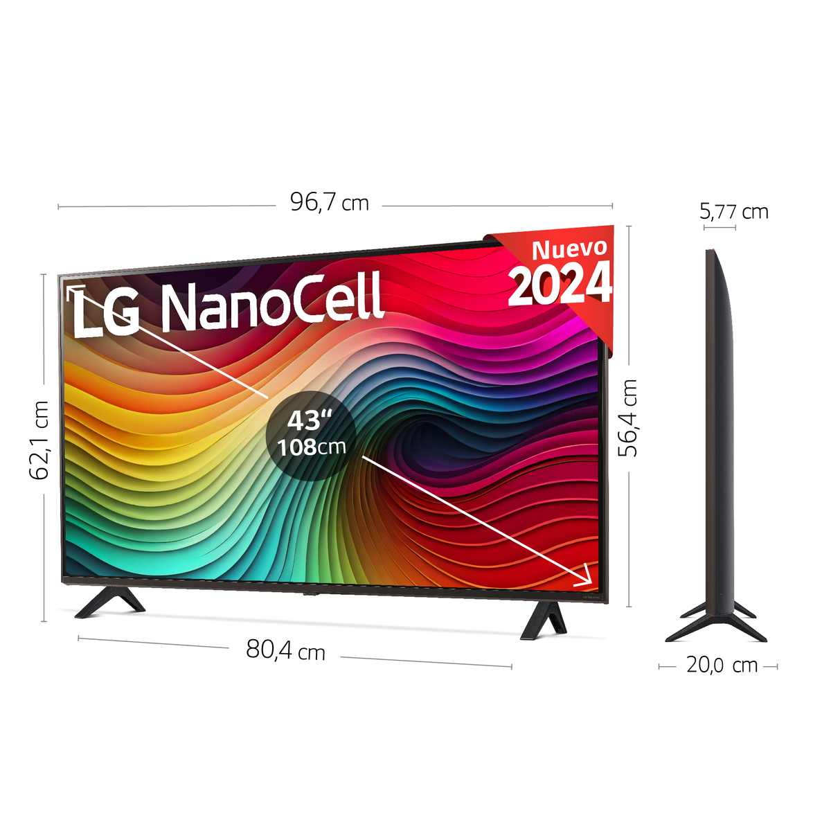 TV LG NanoCell de 43 pulgadas con dimensiones y etiqueta roja 'Nuevo'.