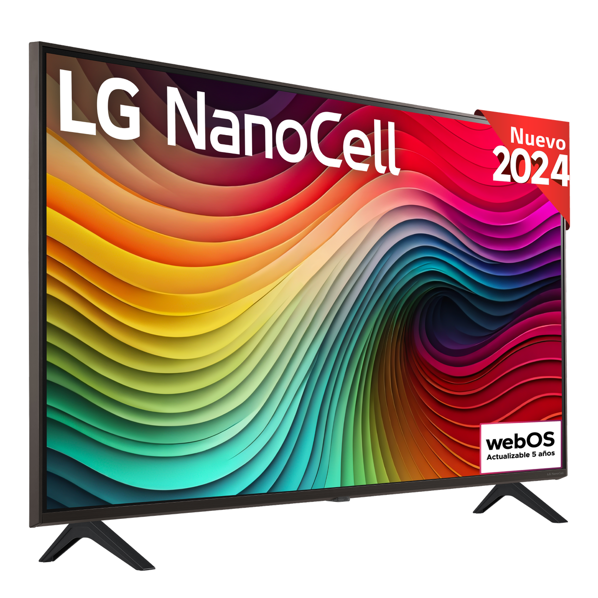 TV LG NanoCell con arte abstracto colorido. El televisor tiene marco oscuro y está etiquetado 2024.