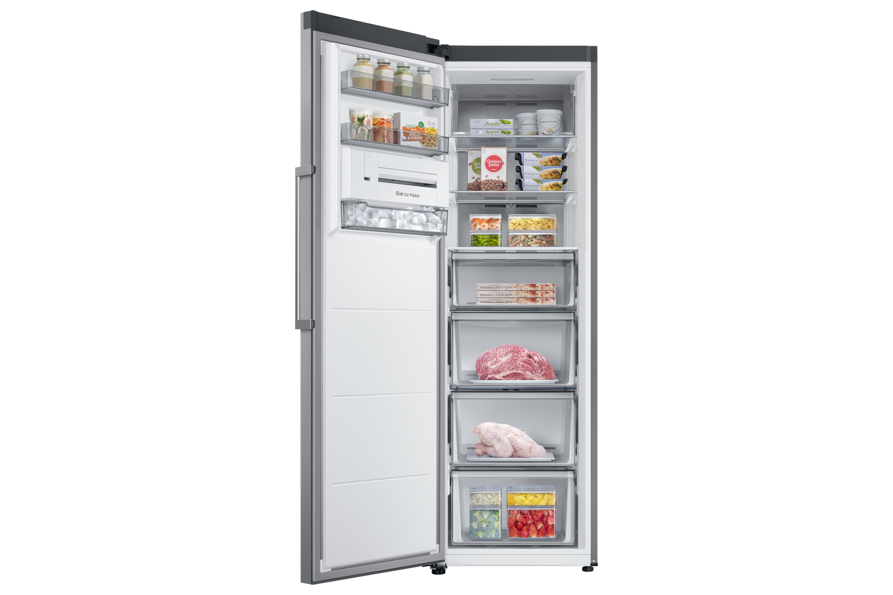 Refrigerador abierto mostrando estantes con comida. Congelador con cajones y alimentos.