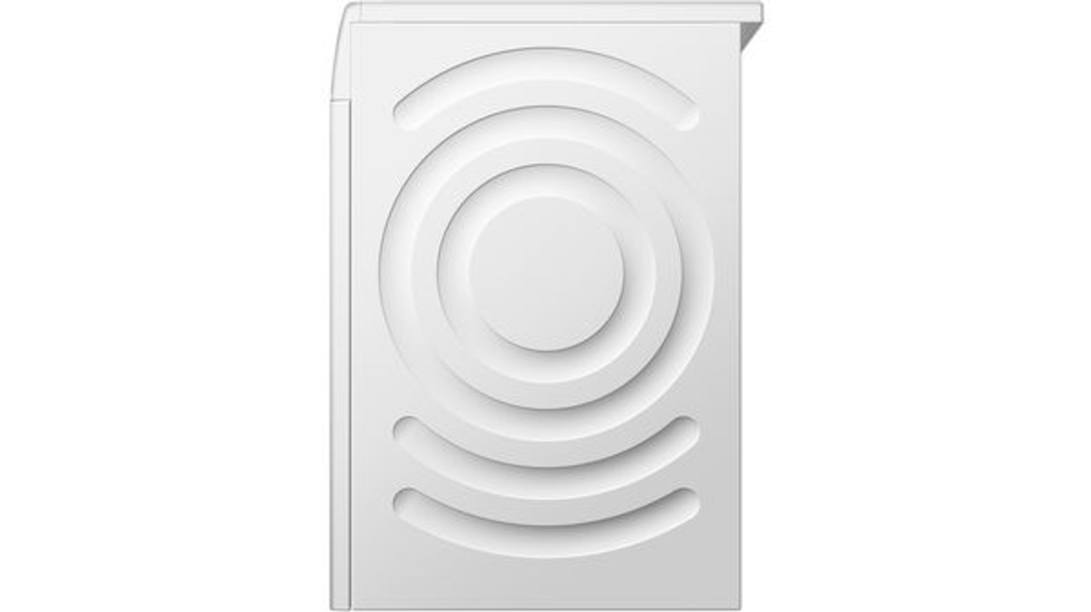 Biała pralka z koncentrycznymi okręgami na froncie, na białym tle.