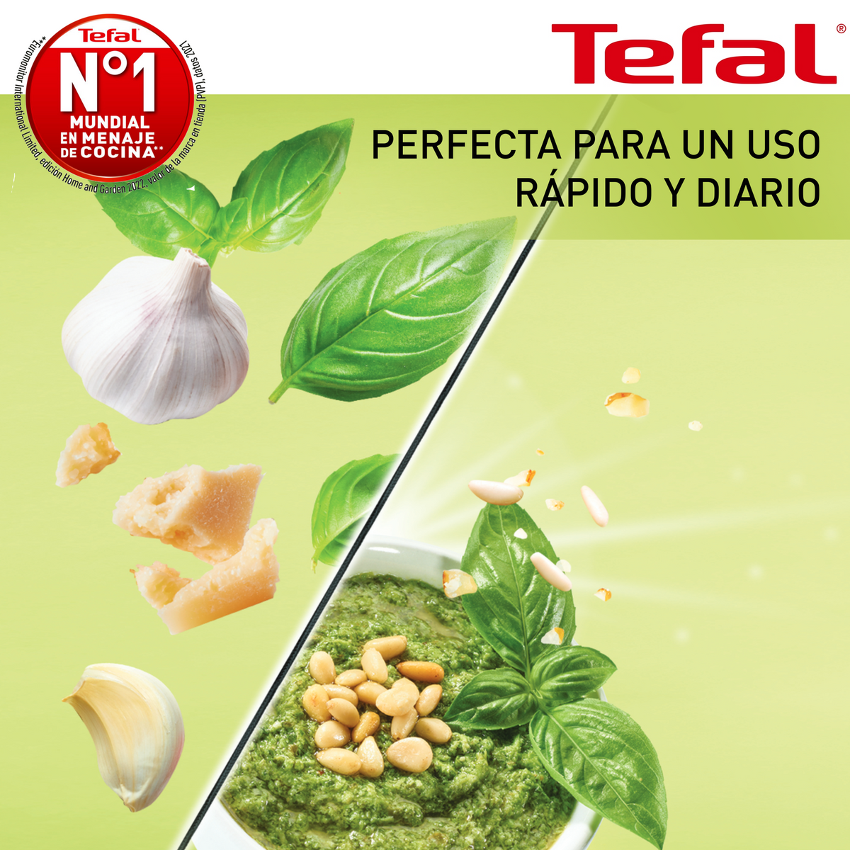 Ingredienti del pesto con logo Tefal e testo: Perfetto per un uso rapido e quotidiano.