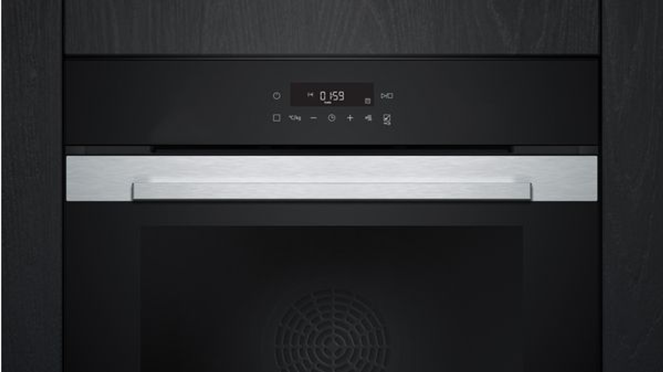 Horno negro empotrado con una pantalla digital y un asa de acero inoxidable.
