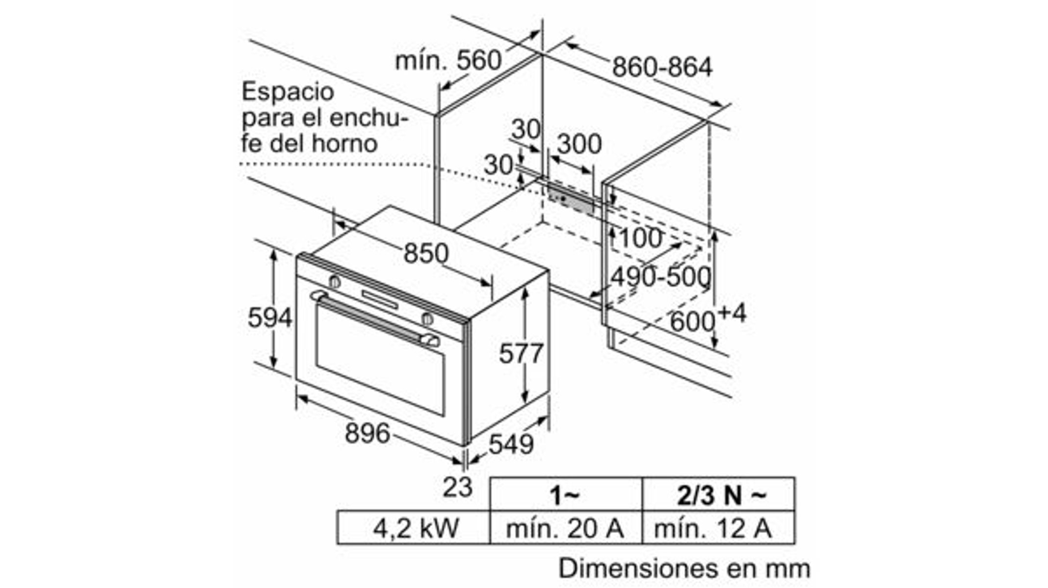 Diagram showing dimensions for a built-in oven and its required space in a kitchen cabinet.