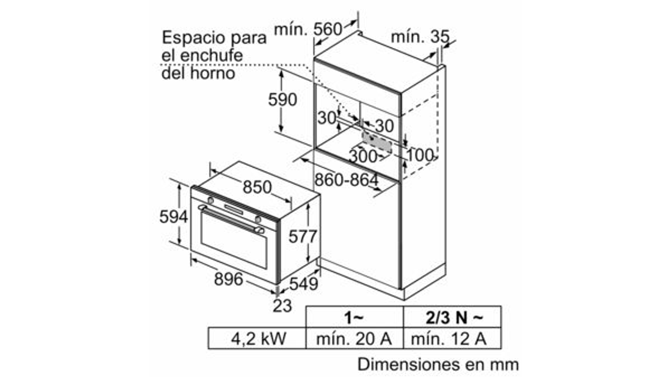 Diagram of a built-in oven and a cabinet with dimensions in millimeters. Text in Spanish.