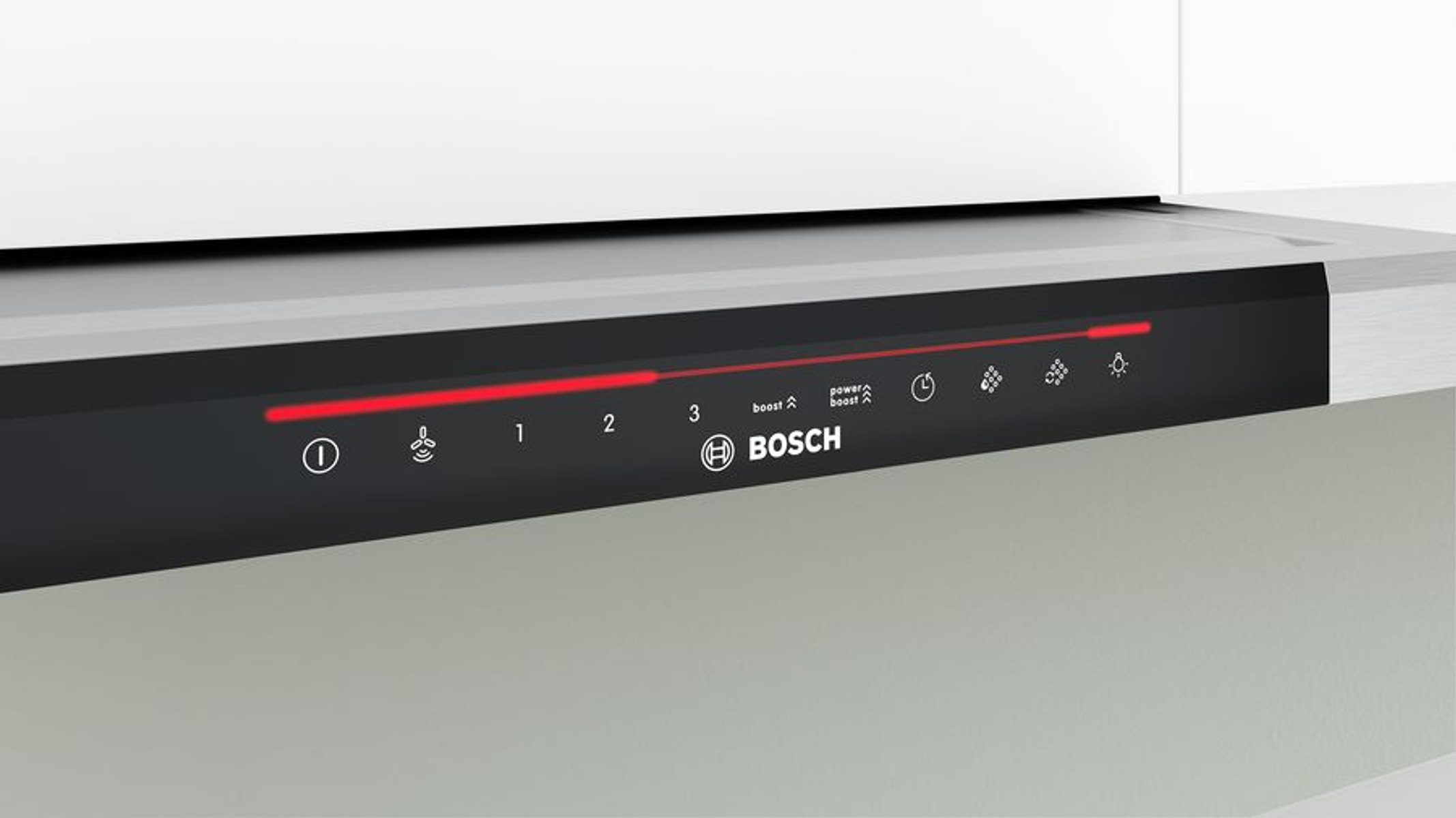 Close-up of a black Bosch range hood control panel with red indicator lights and touch controls.