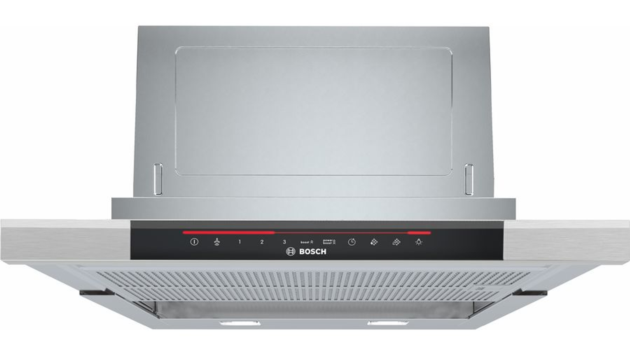 A stainless steel Bosch range hood with a black control panel and red illuminated indicators.