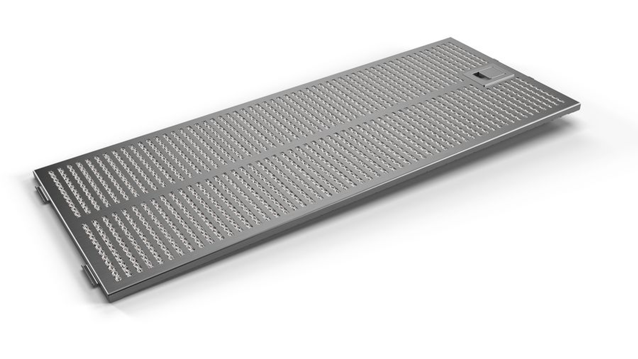 A rectangular stainless steel range hood filter with many small perforations.
