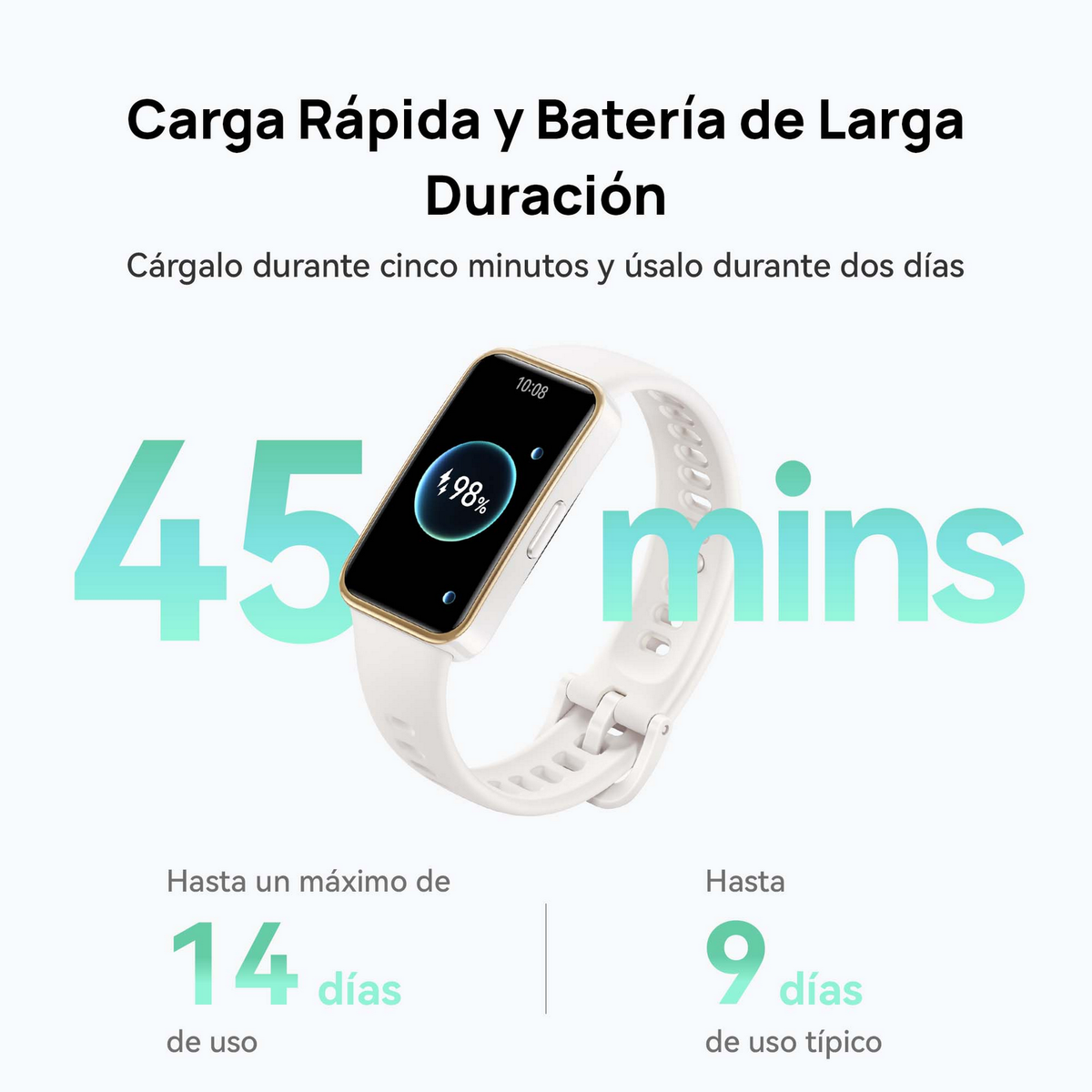 Biały smartwatch wyświetla cyfrowy ekran ze szczegółami dotyczącymi żywotności baterii i czasu użytkowania.