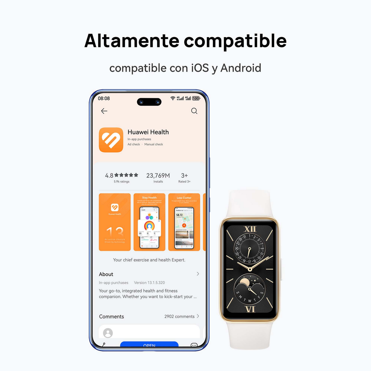 Ekran telefonu z aplikacją Huawei Health, smartwatchem i tekstem wskazującym kompatybilność z iOS i Androidem.