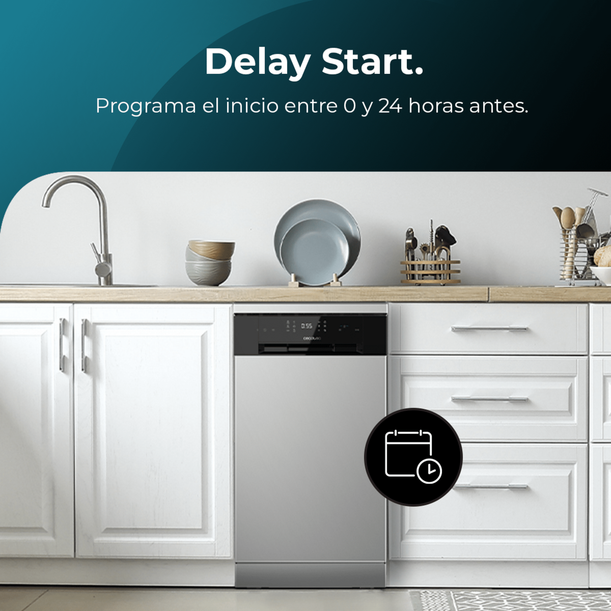 Zmywarka w otoczeniu kuchni. Tekst brzmi: 'Delay Start'.