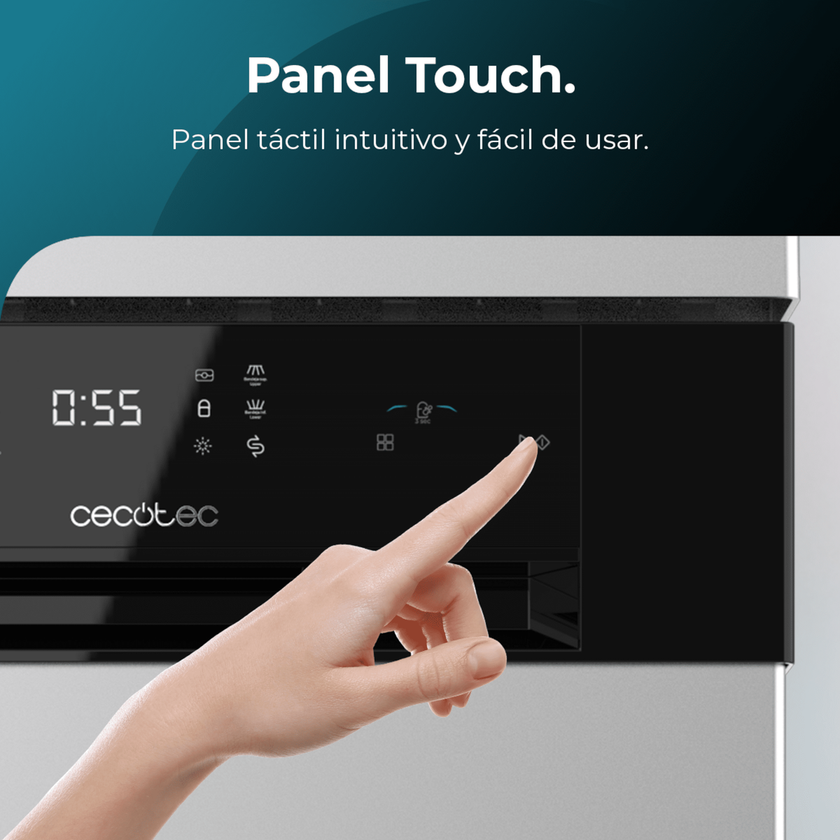 Palec naciska przycisk na czarno-srebrnym urządzeniu. Tekst brzmi: 'Panel dotykowy. Intuicyjny i prosty'.