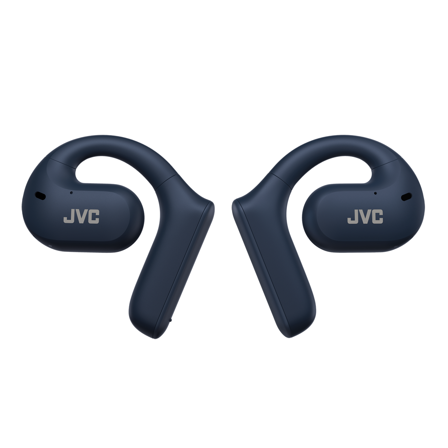 Dwa niebieskie bezprzewodowe słuchawki JVC, ustawione tak, jakby były noszone. Logo JVC jest widoczne.