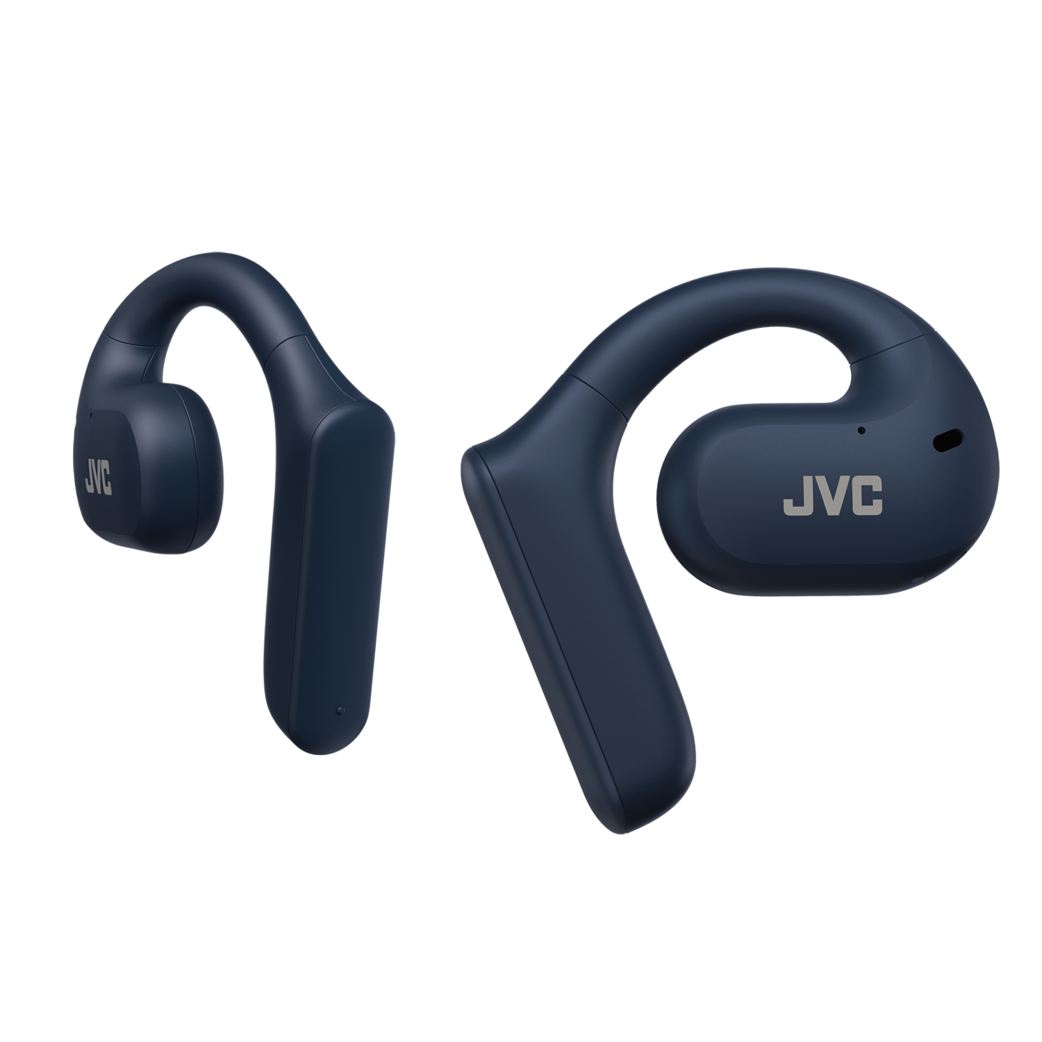 Dwa granatowe słuchawki JVC przewodnictwa kostnego, widok z boku, na czarnym tle.