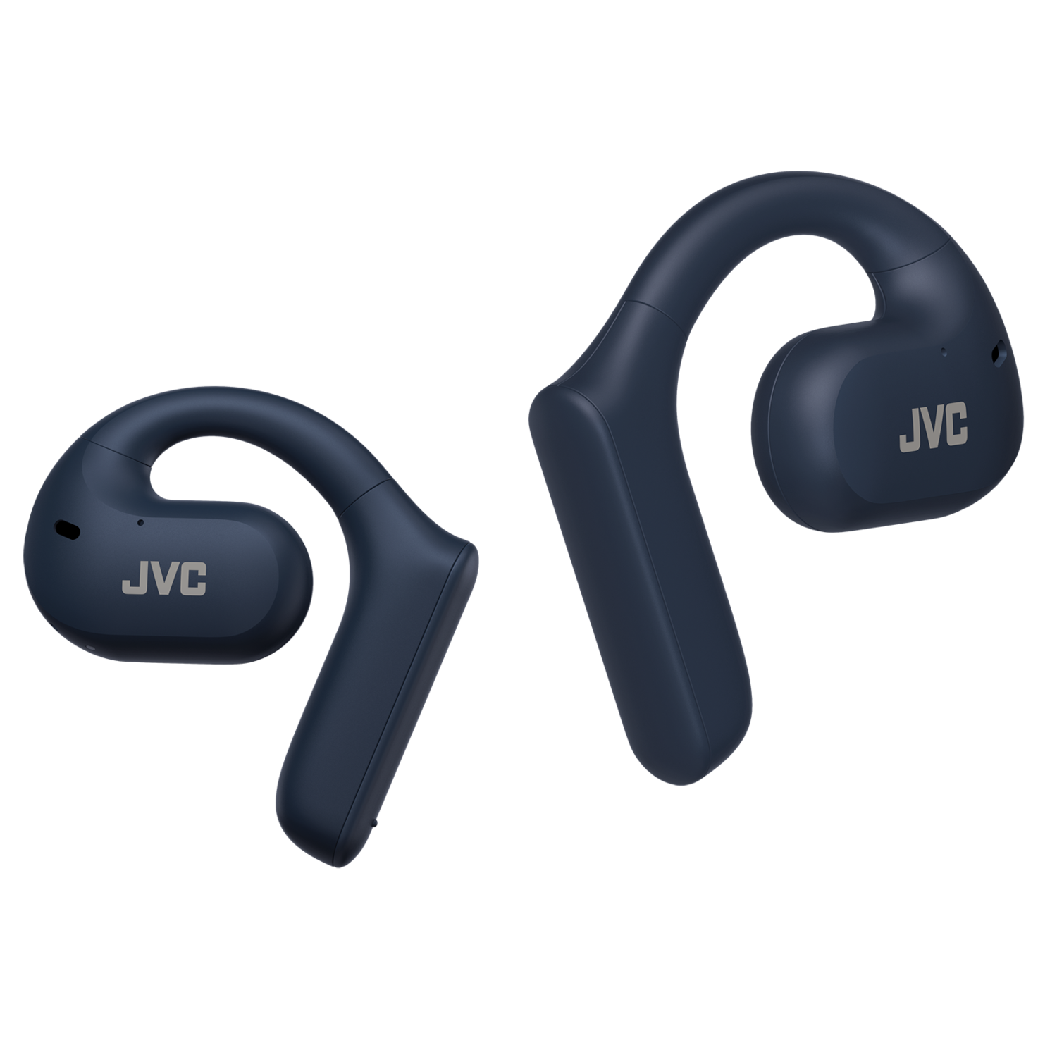 Dwa niebieskie słuchawki JVC przewodnictwa kostnego. Logo JVC jest widoczne na każdej słuchawce.