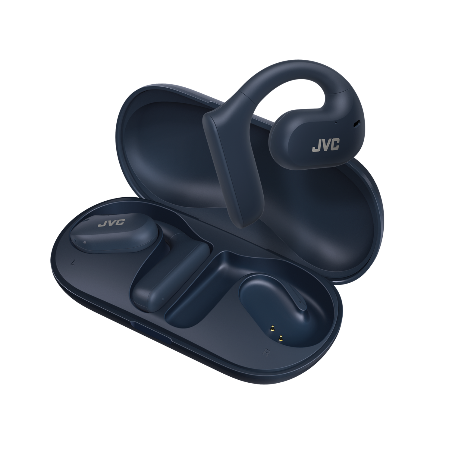 Niebieskie słuchawki JVC i etui ładujące. Etui jest otwarte, wyświetlając słuchawki i punkty.