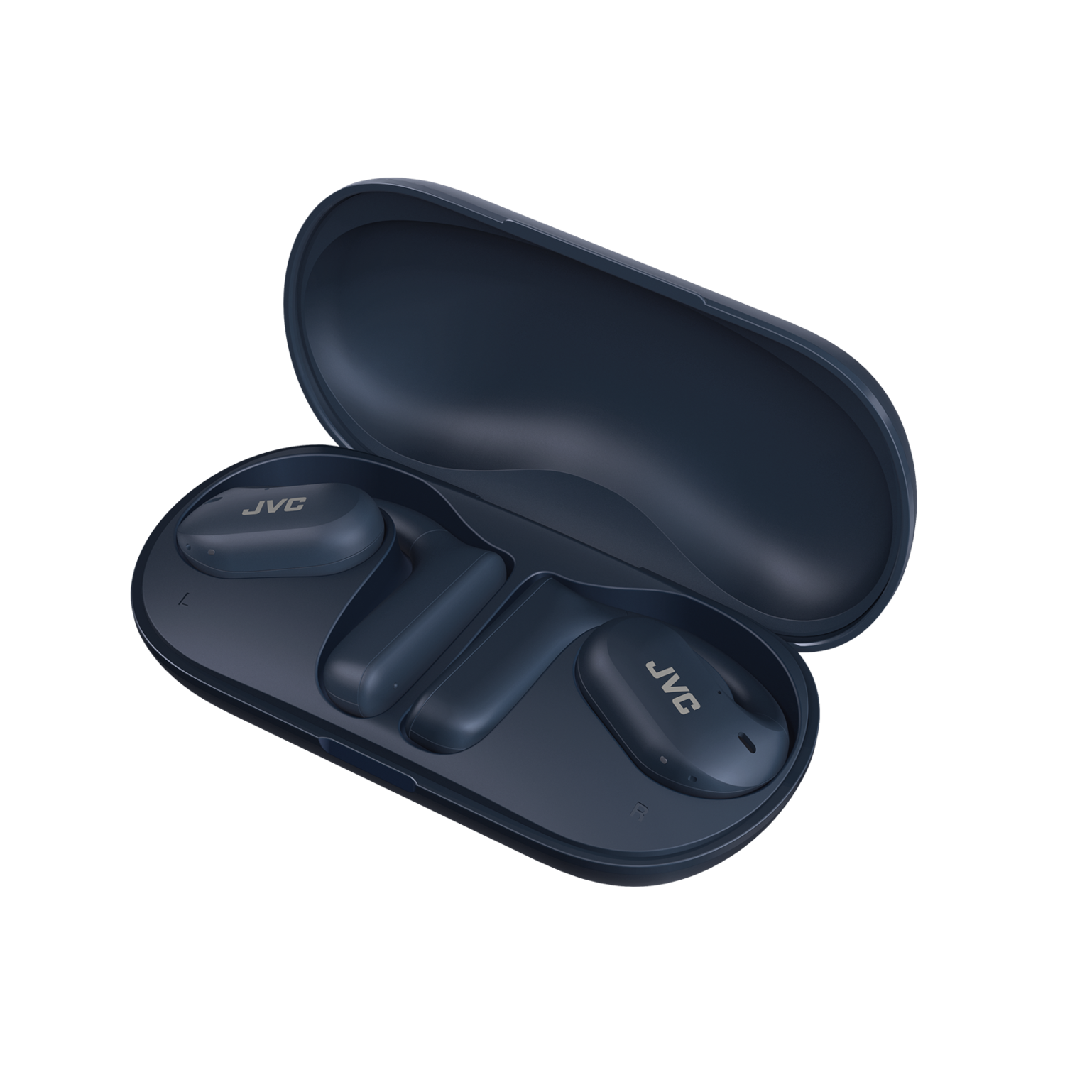 Niebieskie słuchawki douszne JVC w otwartym niebieskim etui na czarnym tle.