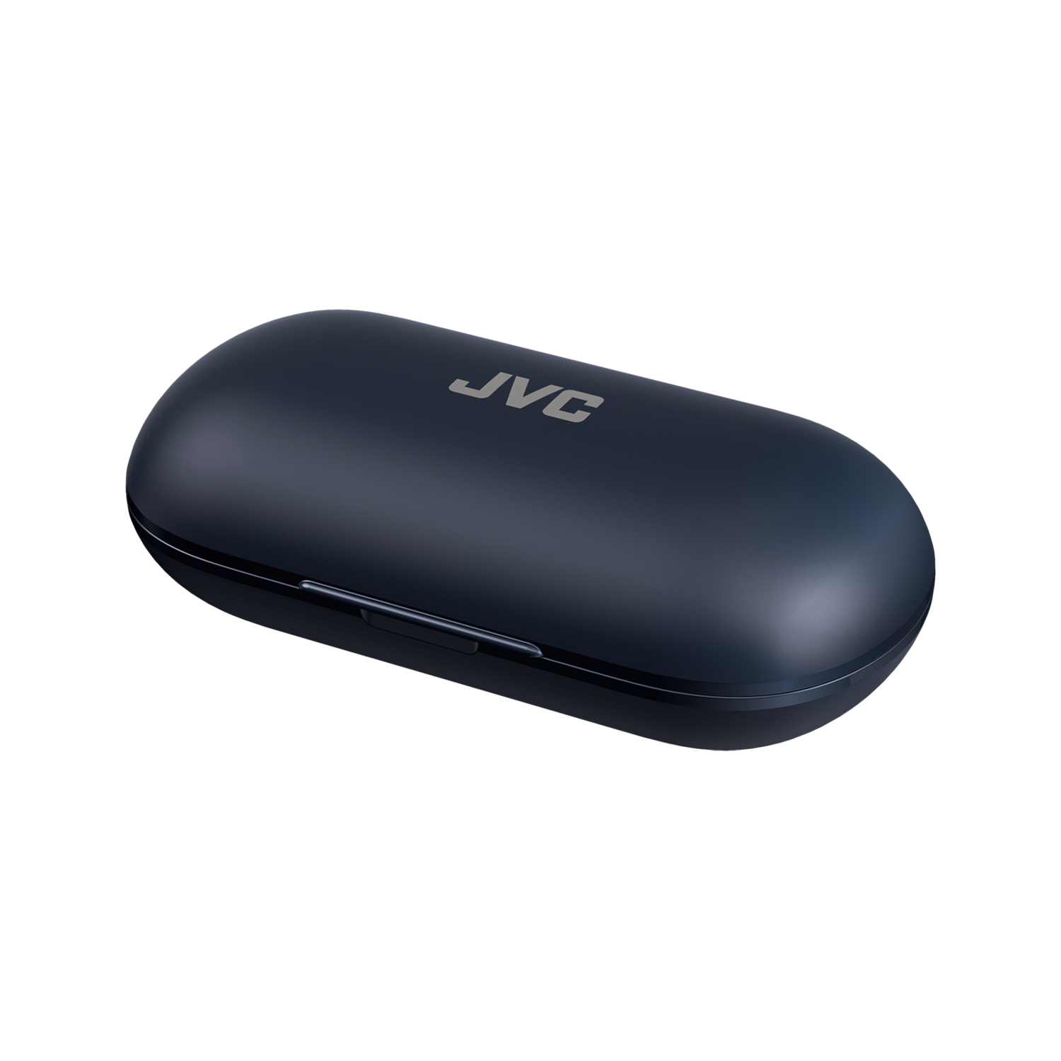 Granatowe, owalne etui z logo JVC. Etui jest zamknięte.
