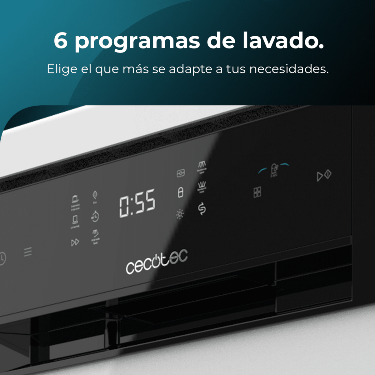 Pannello di controllo lavatrice nero che mostra l'ora e le icone dei programmi.