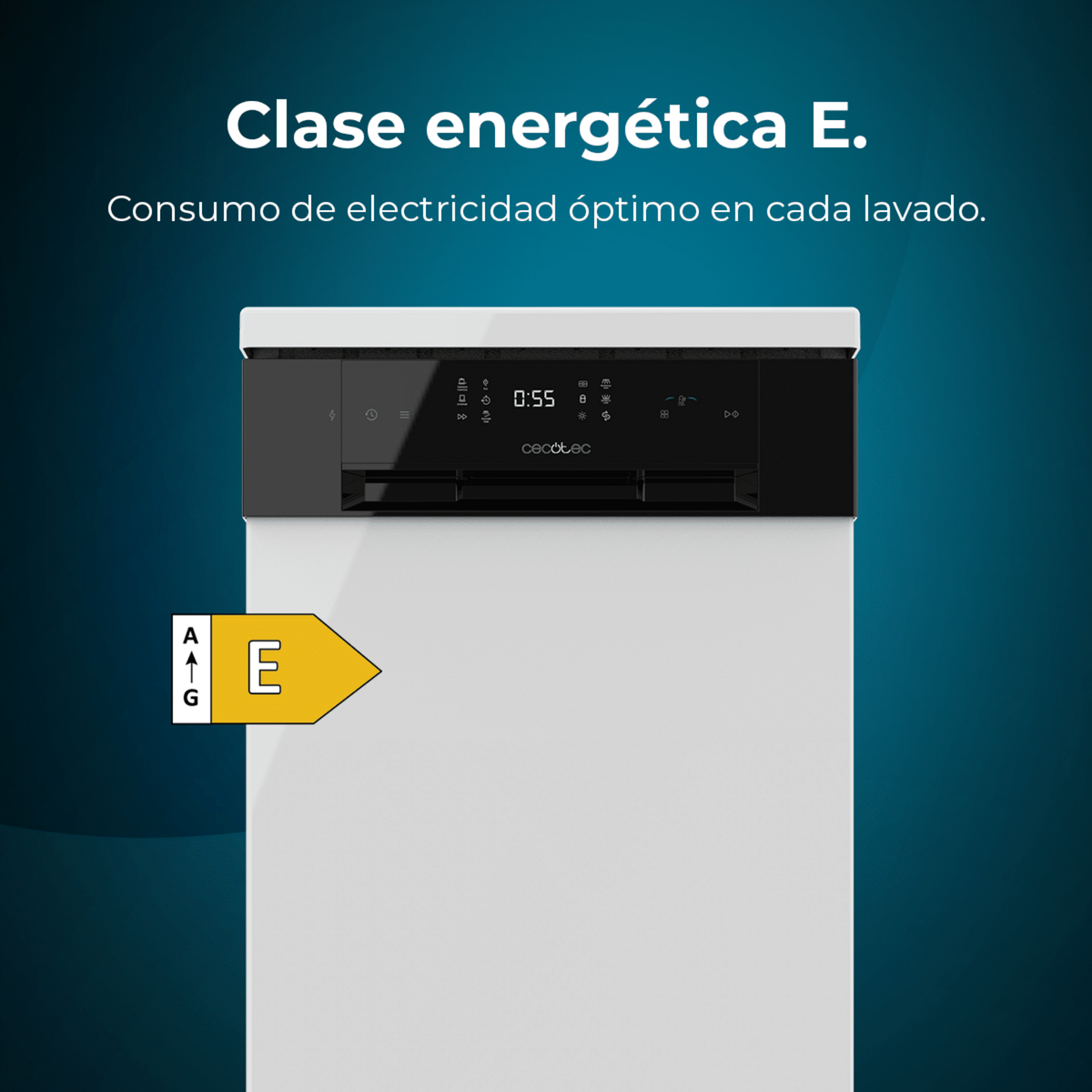 Lavastoviglie bianca e nera. Visualizza la classe energetica E e il testo sul consumo di elettricità.