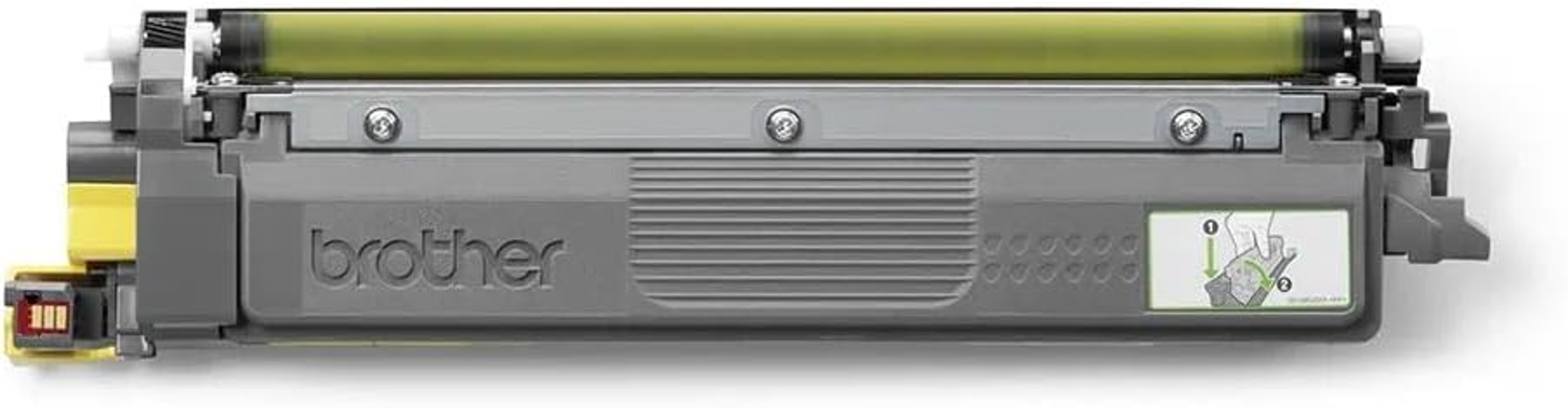 Toner Brother, szary i żółty, z zieloną naklejką pokazującą, jak go zainstalować.