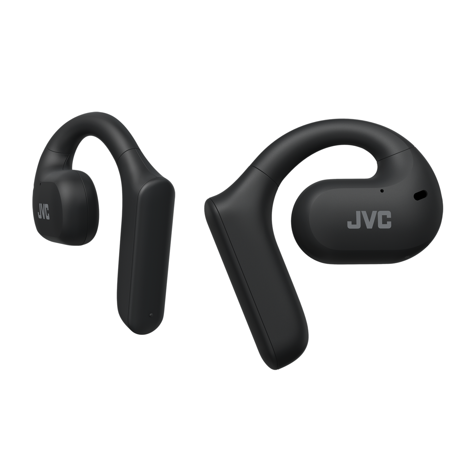 Dwa czarne bezprzewodowe słuchawki JVC, każda zakrzywiona wokół ucha, na czarnym tle.