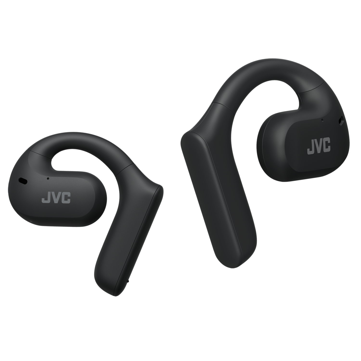Czarne słuchawki JVC, zaczepy na uszy, na czarnym tle, logo JVC z boku.