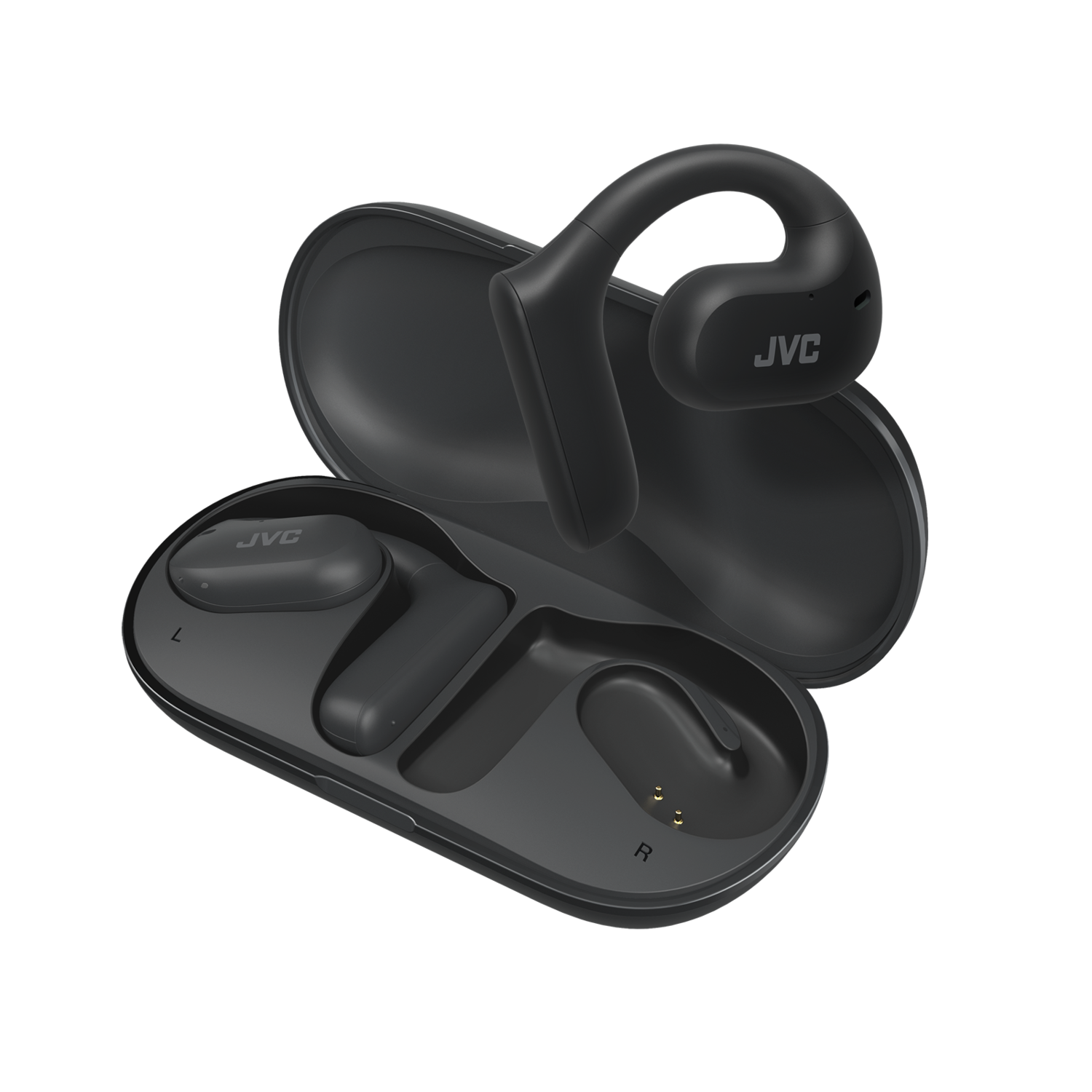 Czarne bezprzewodowe słuchawki JVC i etui ładujące. Etui jest otwarte, pokazując słuchawki.
