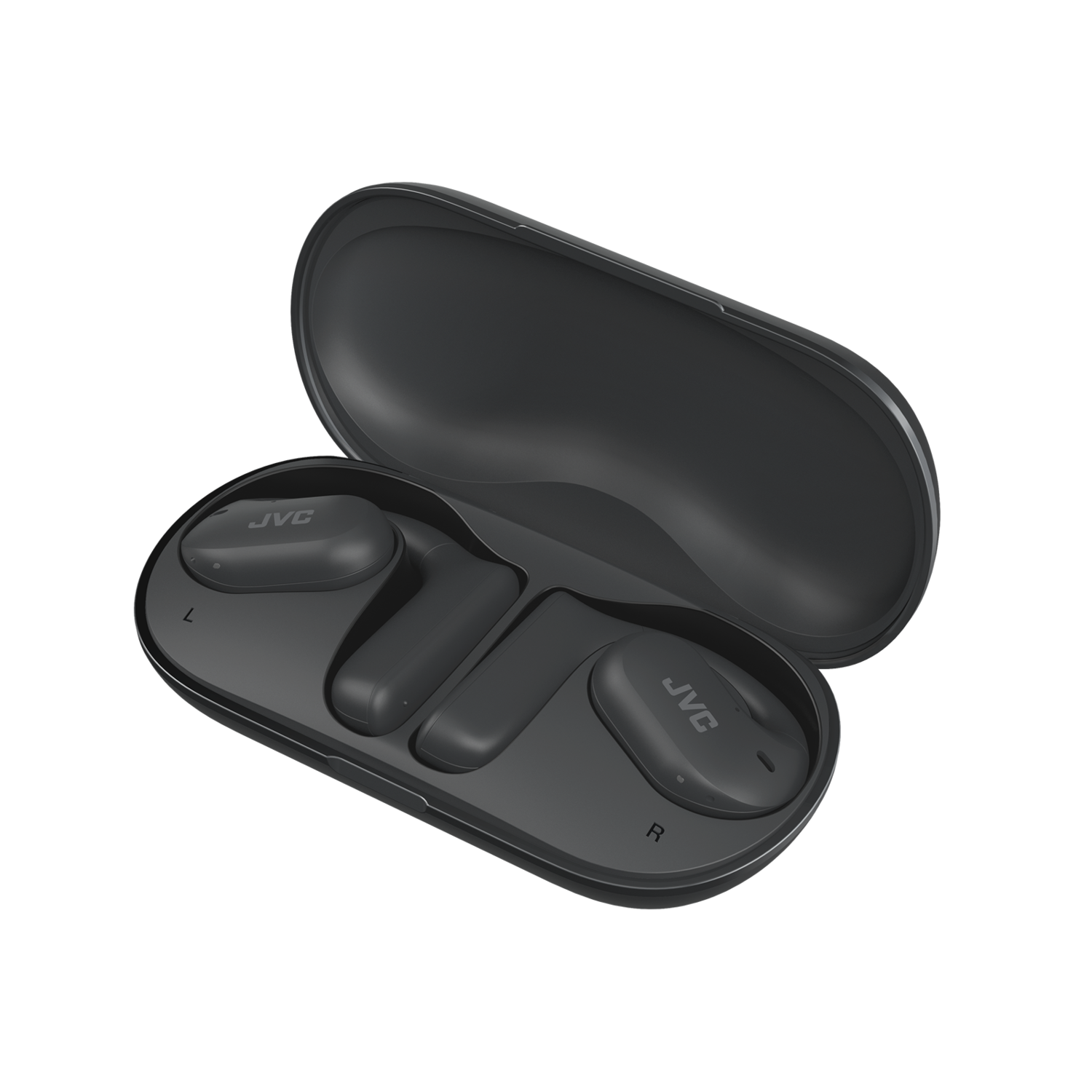 Czarne bezprzewodowe słuchawki w czarnym etui ładującym.