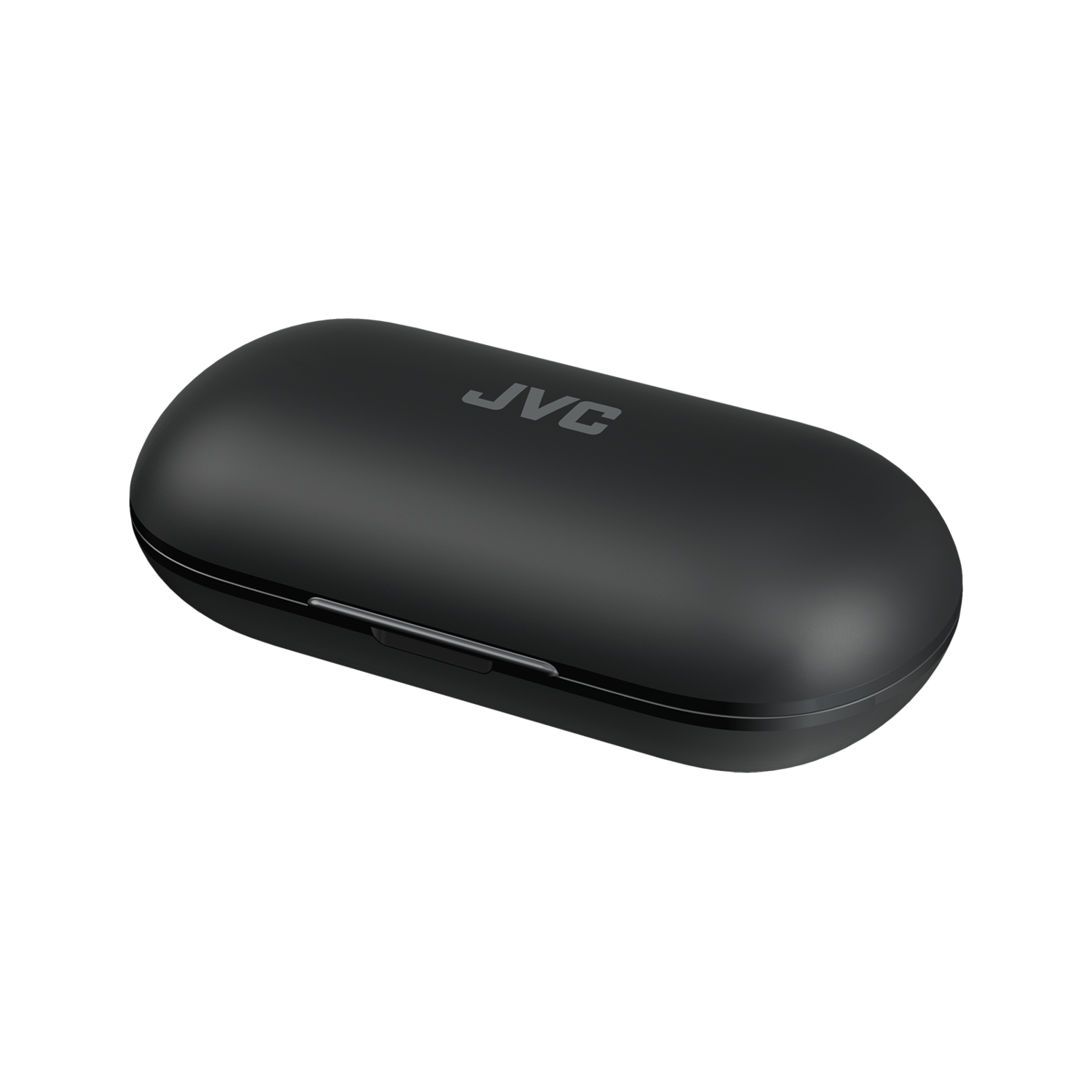 Czarny futerał ładujący słuchawki JVC, owalny kształt, na czarnym tle.