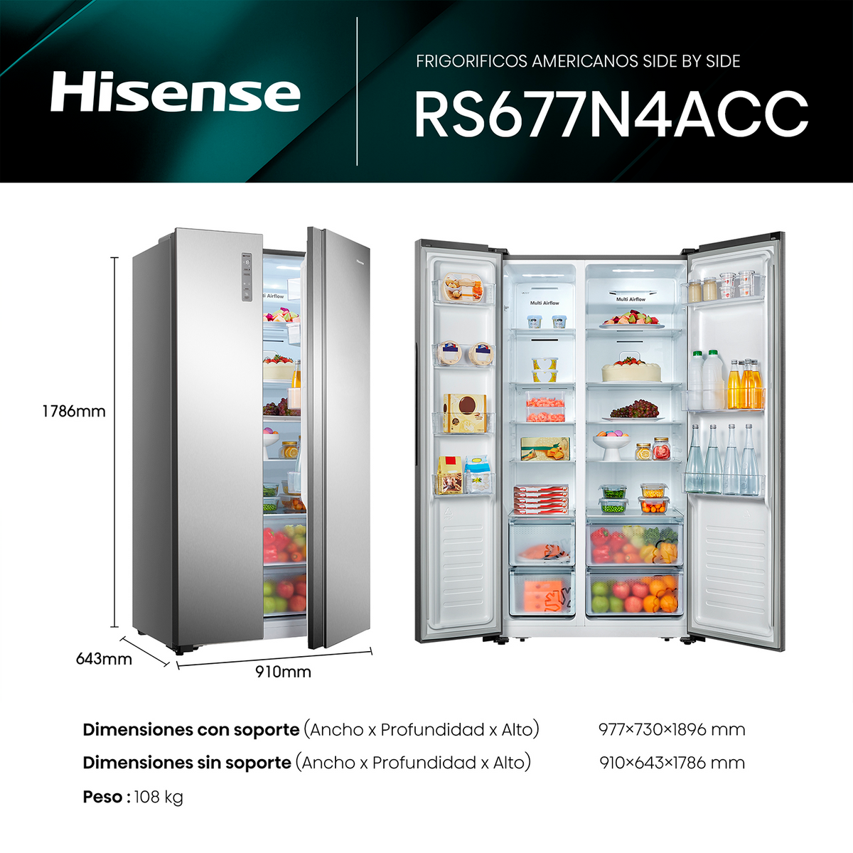 Lodówka Hisense side by side, otwarta. Pokazuje półki z jedzeniem i wymiary z pomiarami.