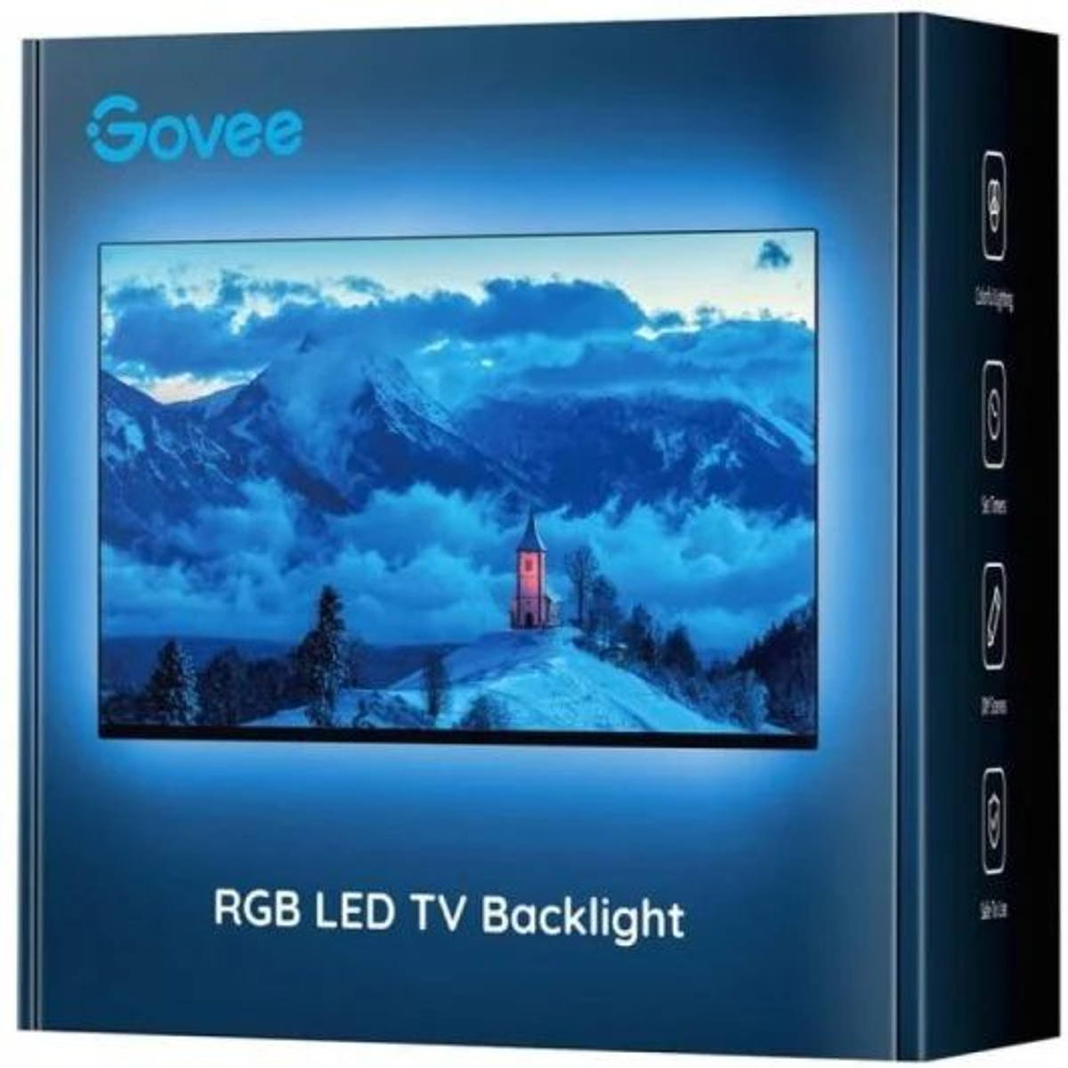 Verpacktes TV-Hintergrundbeleuchtungsset. Zeigt eine schneebedeckte Berglandschaft auf einem Fernsehbildschirm.