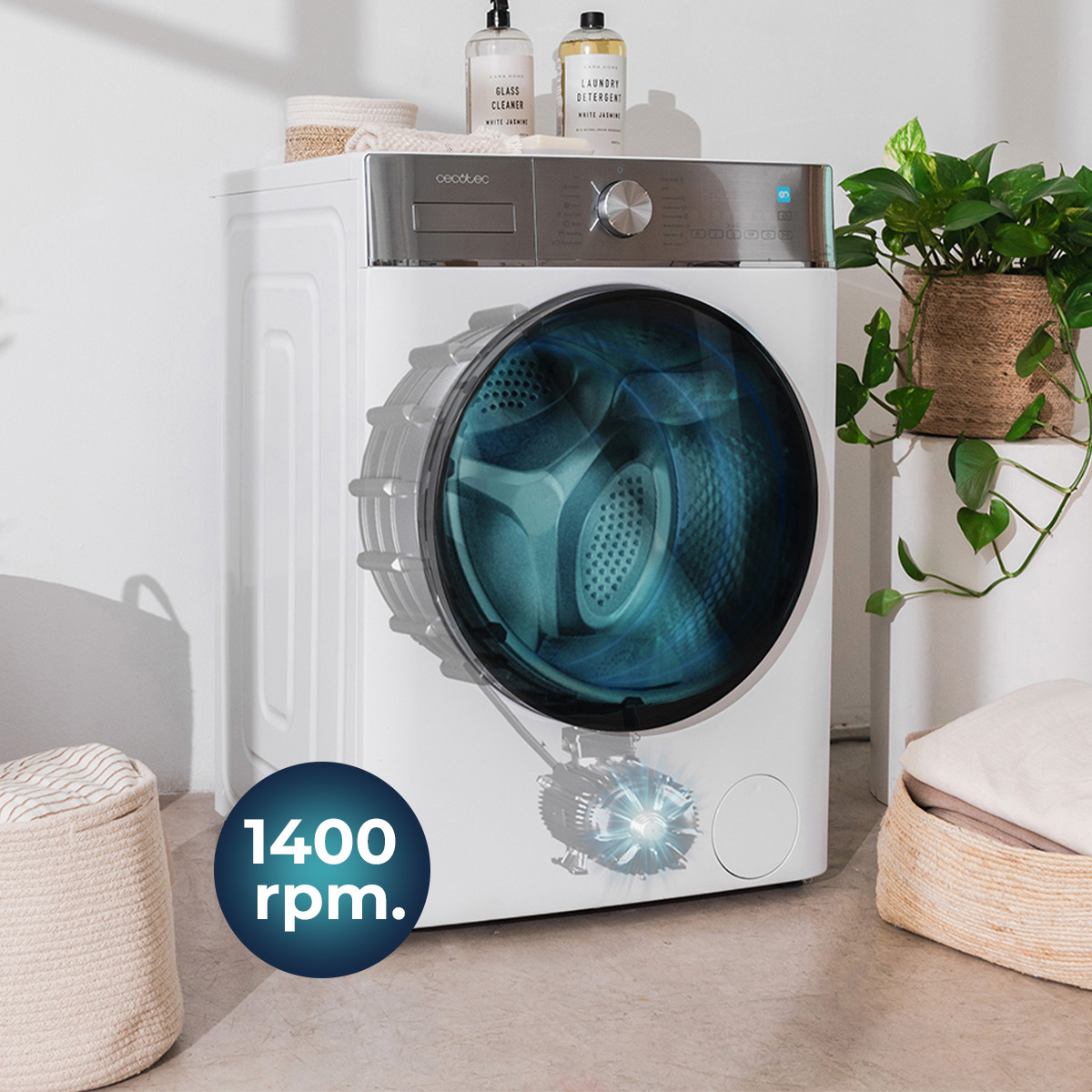 Una lavatrice bianca con un cestello blu e il testo '1400 rpm'.