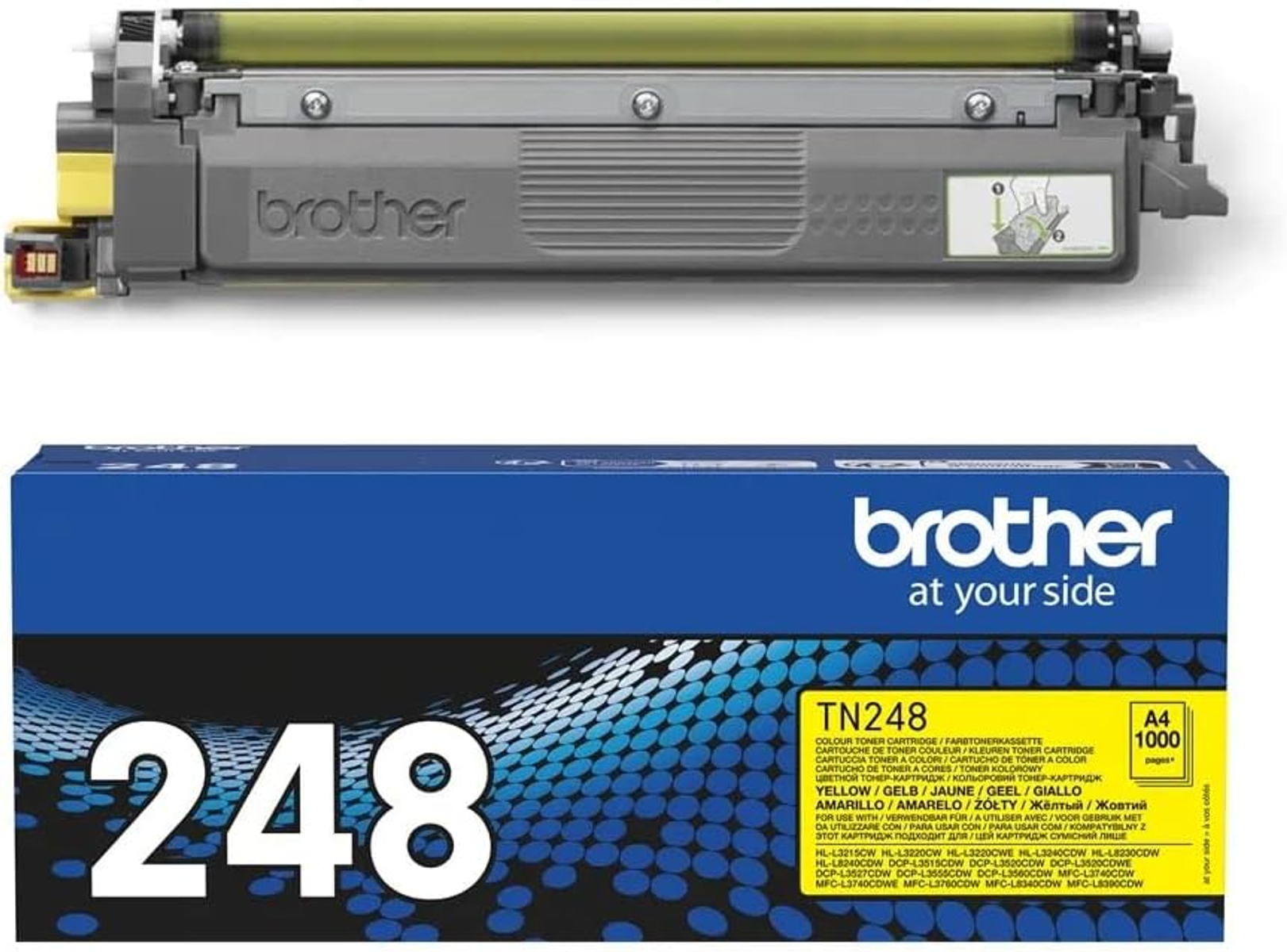 Toner i pudełko Brother TN248. Kolory żółty i niebieski. Białe tło.