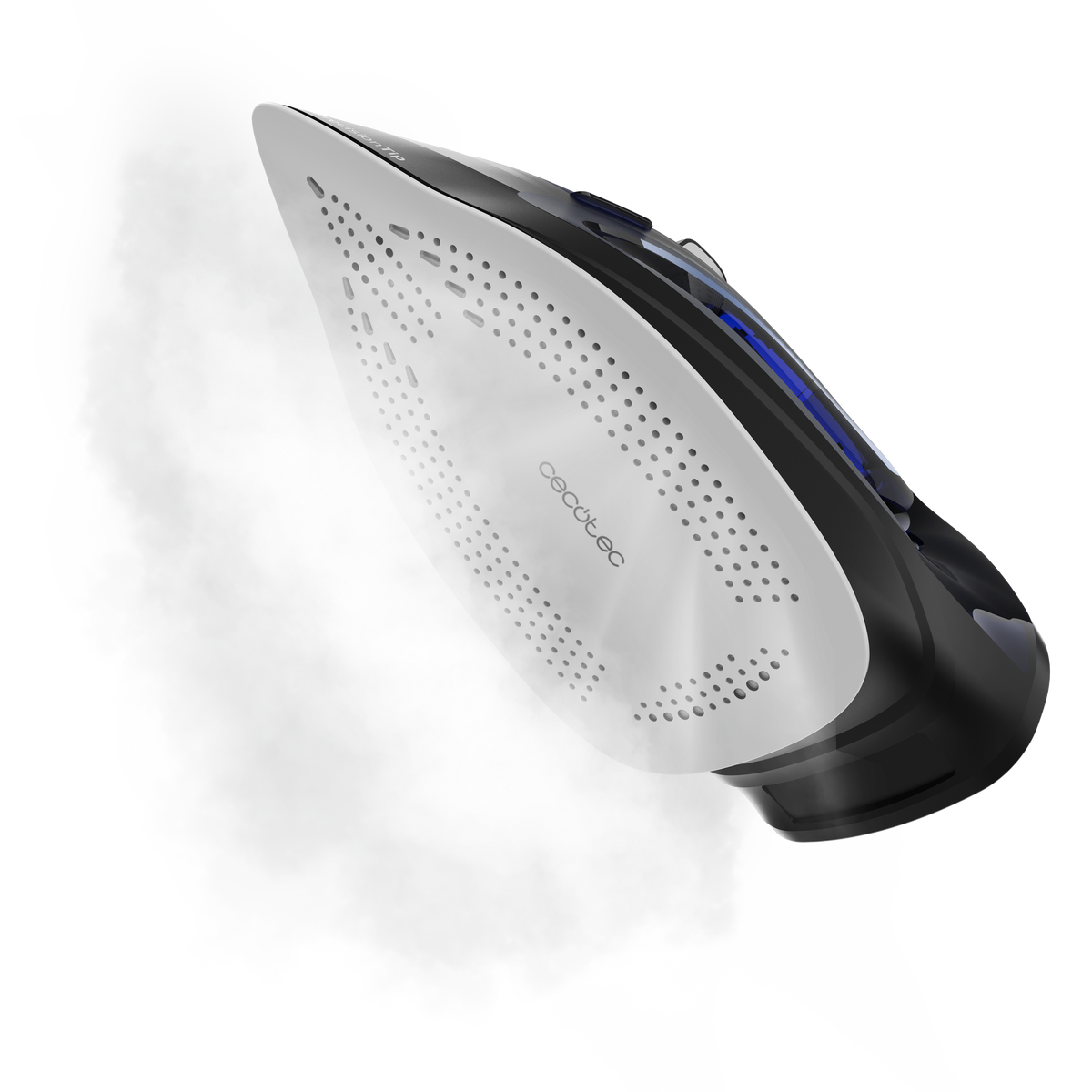 A white and black iron, viewed from an angle, with the word 'Cecotec' visible on its base.