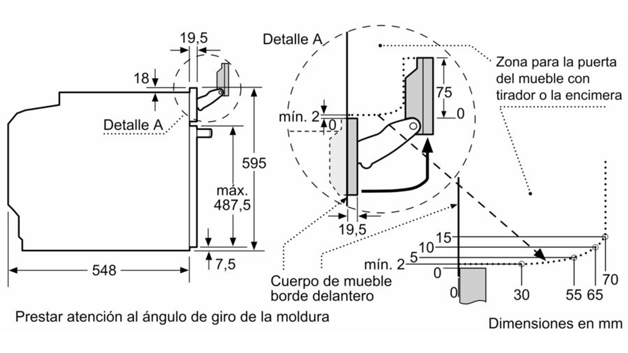 Dibujo técnico con medidas. Muestra detalles de una puerta de armario con dimensiones en mm.