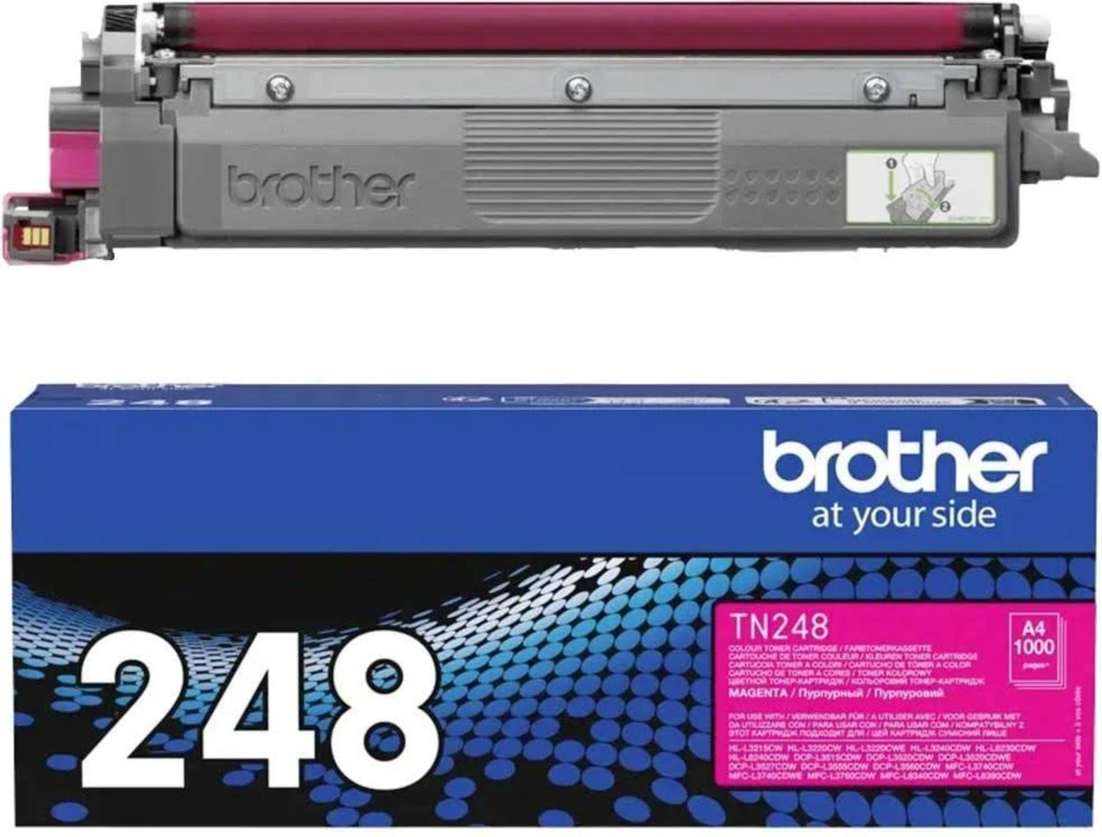 Wyświetlany jest toner do drukarki Brother, z pudełkiem poniżej. Oba są niebiesko-różowe.