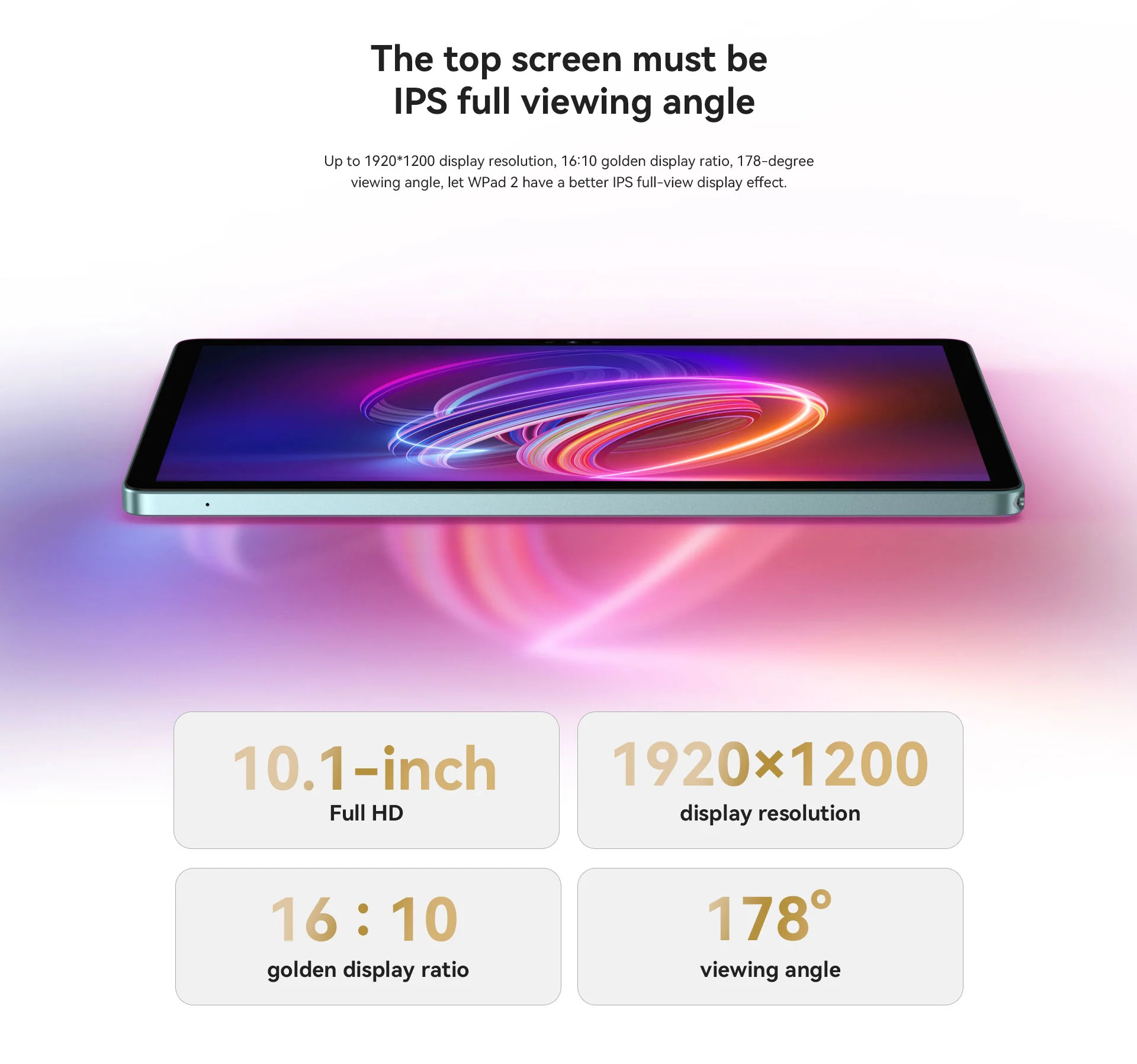 Tablet mit Bildschirm, der Text und Grafiken anzeigt. Text: 10,1 Zoll Full HD, 1920x1200 Display, 178 Betrachtungswinkel.