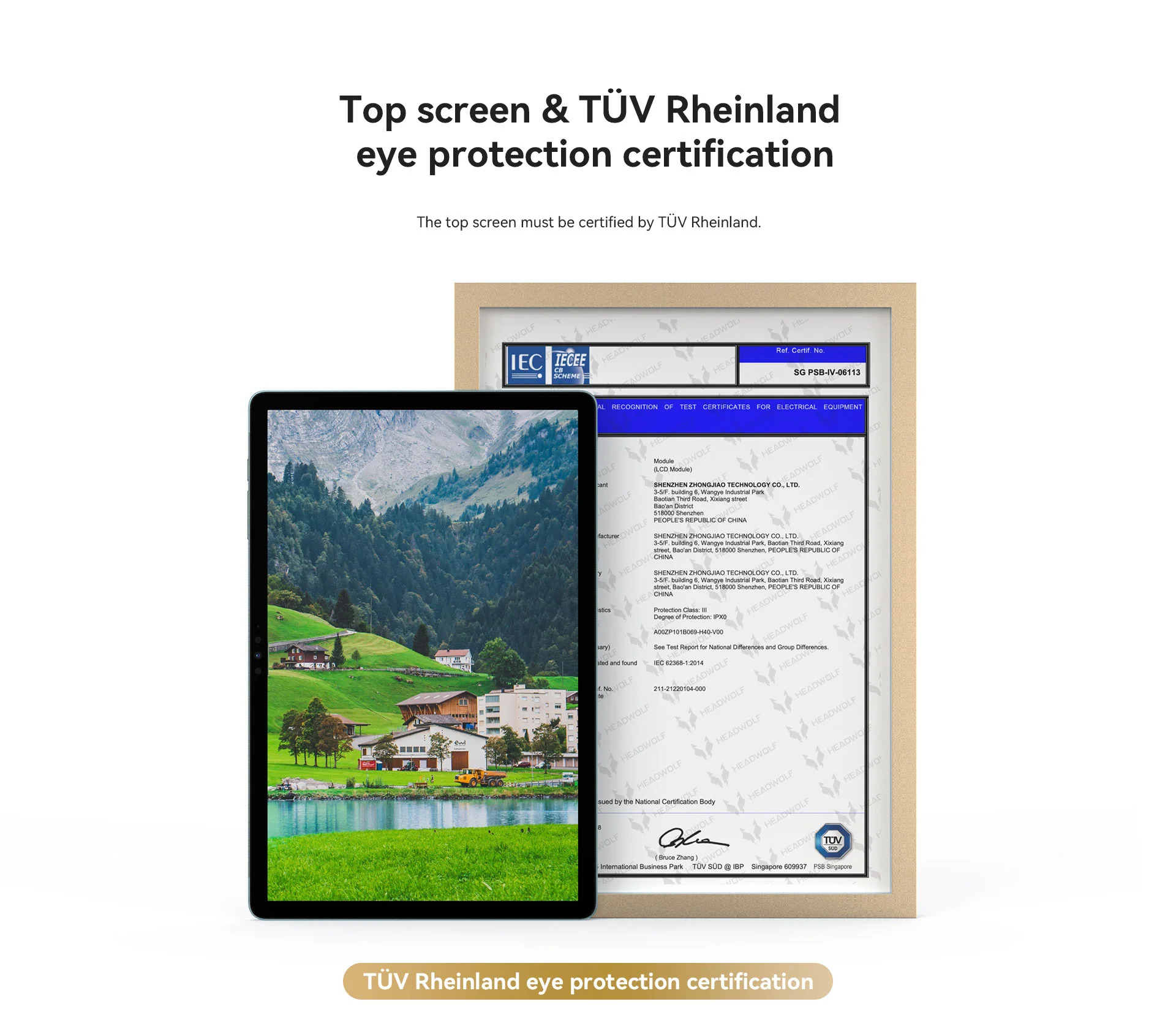 Tablet mit Landschaftsbild auf dem Bildschirm, mit Zertifizierungsdokument. Auf weißem Hintergrund.