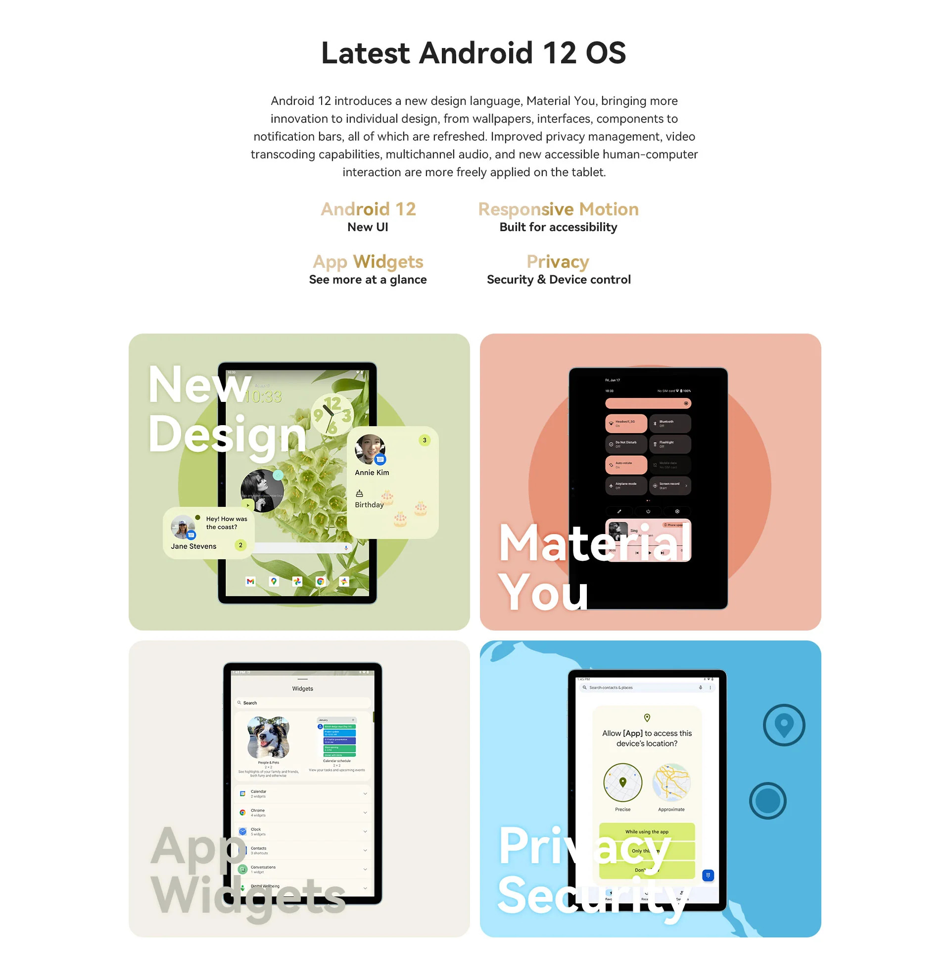 Informative Grafik über die Funktionen des Android 12 OS, mit Beispielen für die Tablet-Benutzeroberfläche.