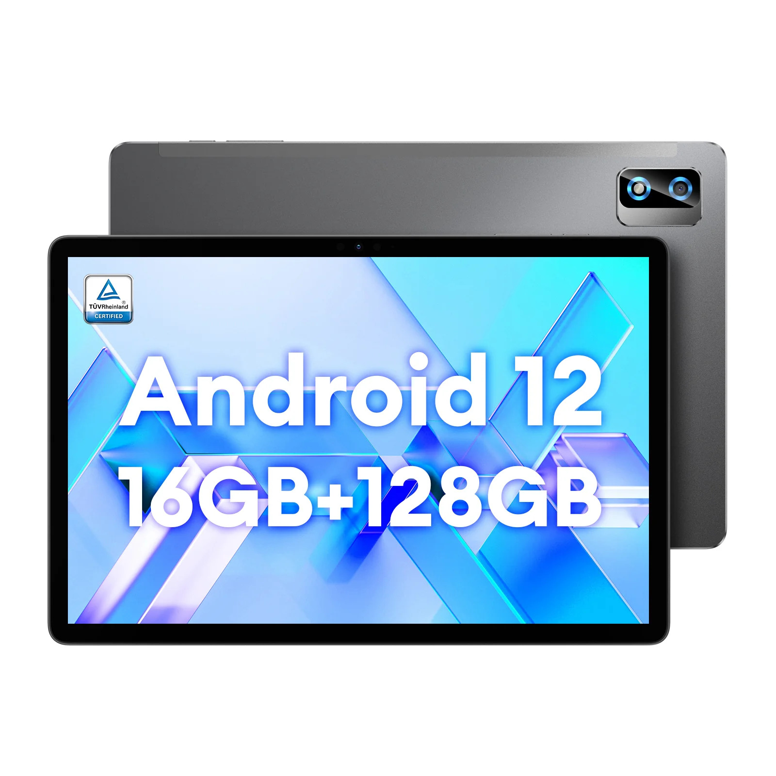 Tablet mit Android 12 auf dem Bildschirm, Rückansicht eines anderen Tablets. Text: Android 12, 16GB + 128GB.