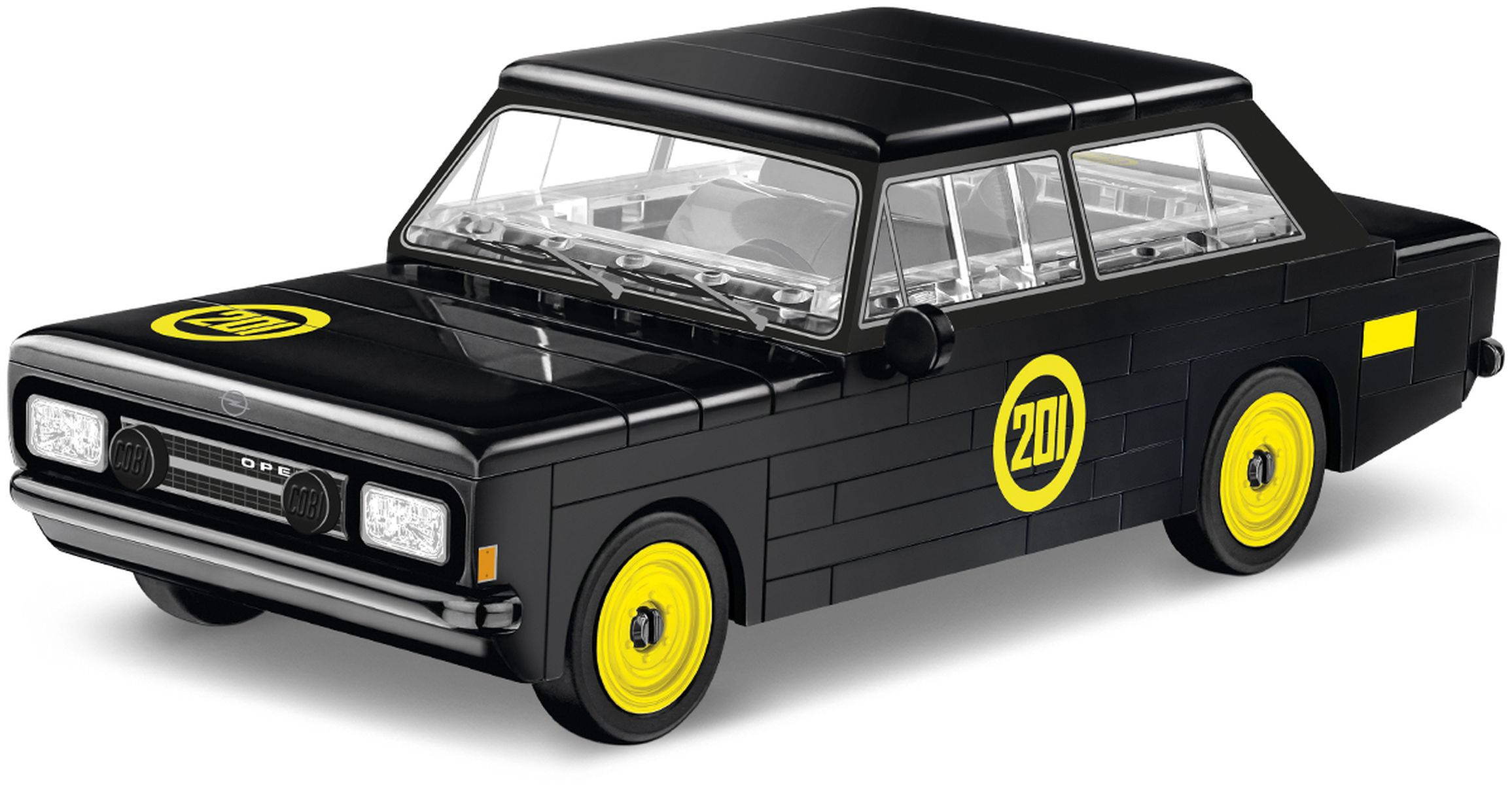 Schwarzes Spielzeugauto mit gelben Details und der Nummer 201. Hat das Opel-Logo.