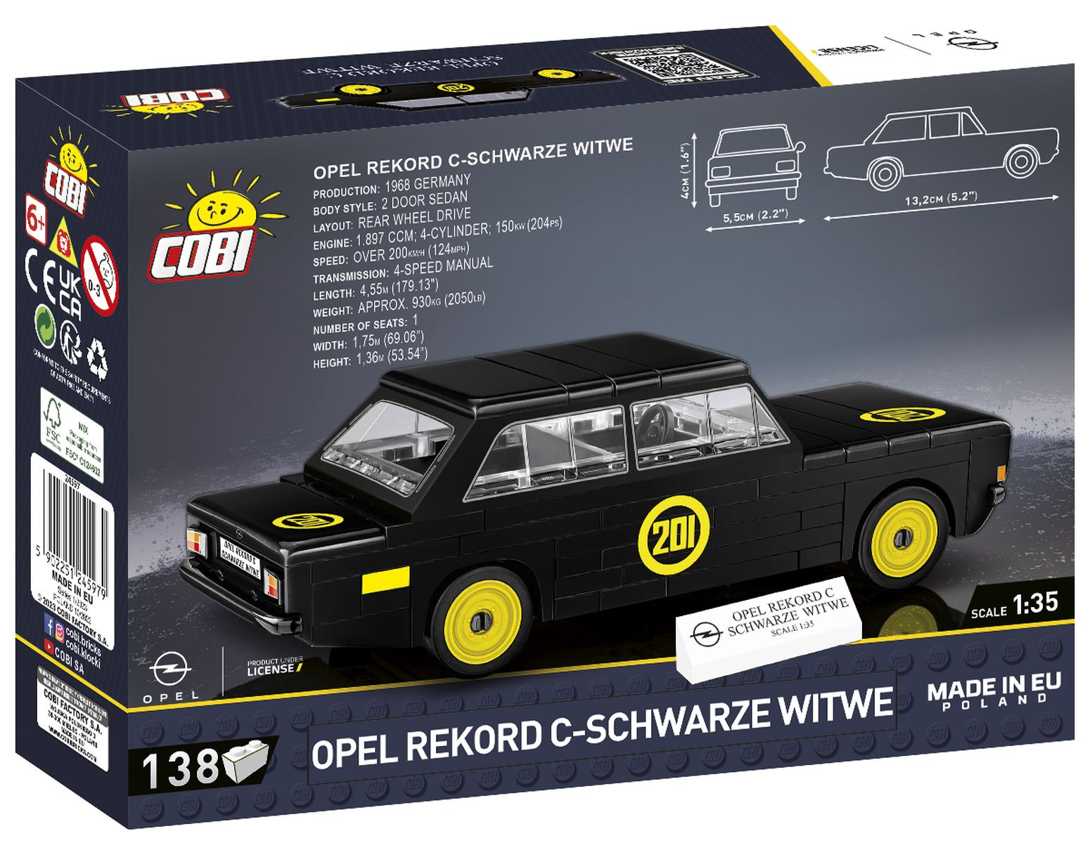 Ein schwarzes Spielzeugauto mit gelben Rädern in einer Box mit Text und einer Autodiskussion.