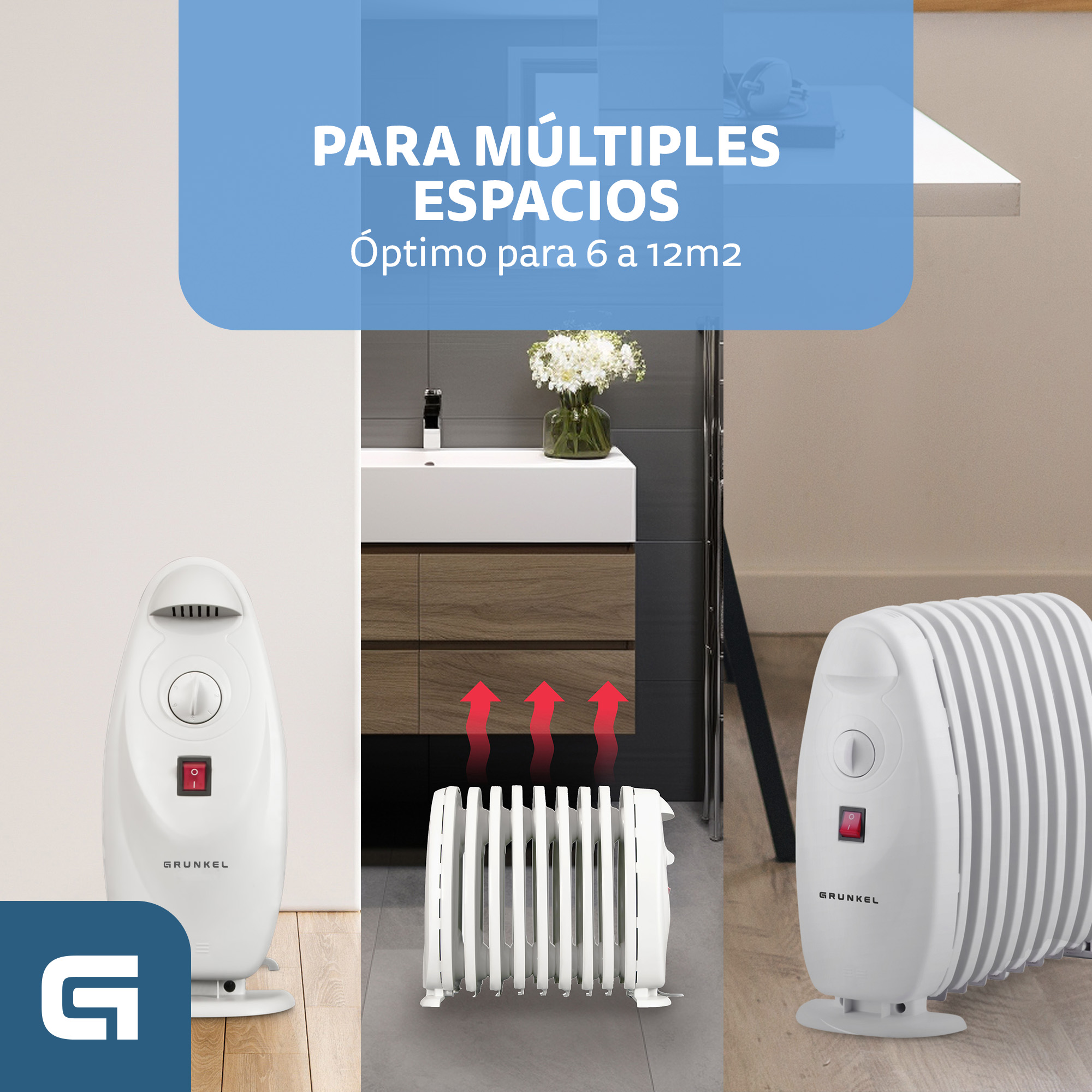 Tres calentadores blancos en el suelo, bajo un banner azul.