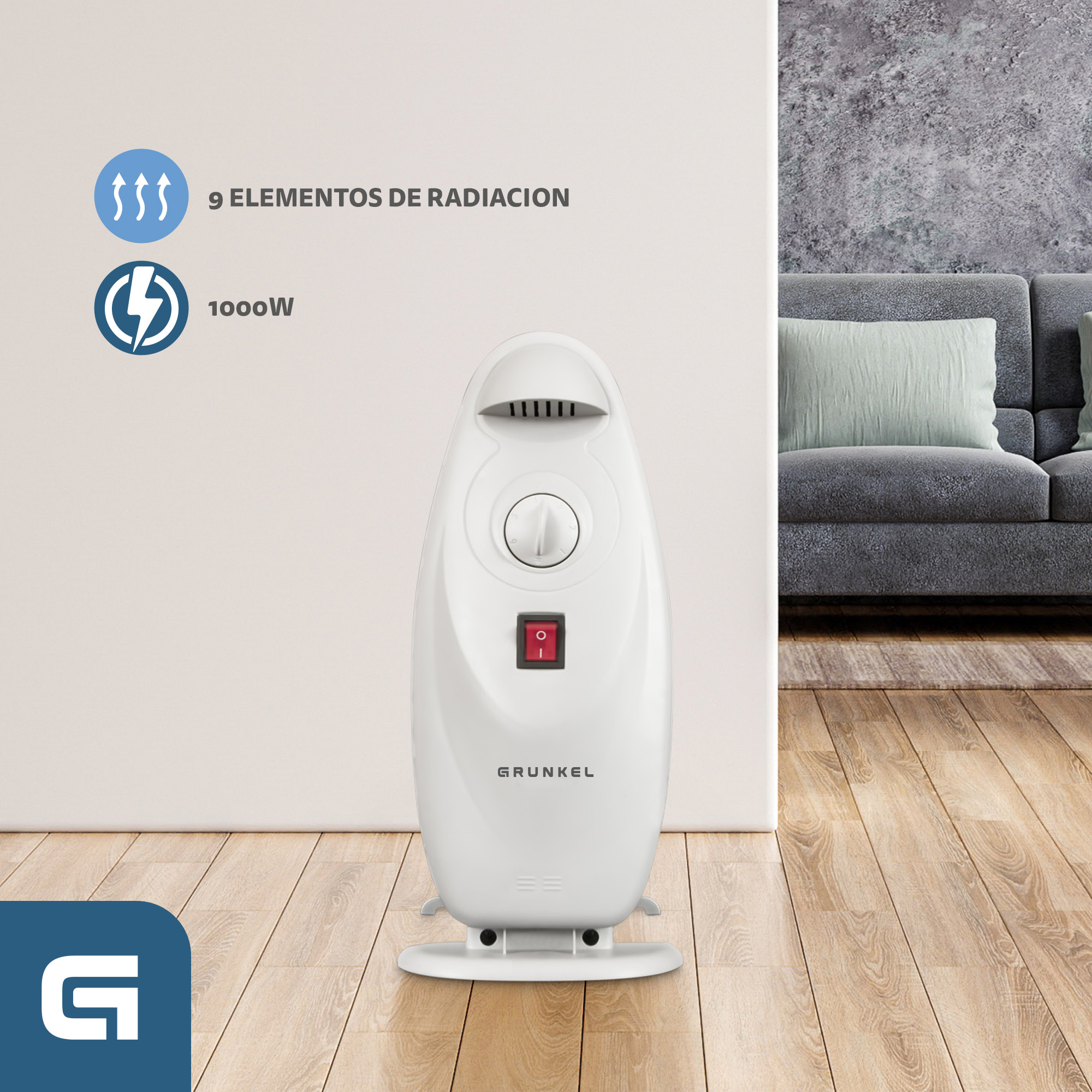 Calentador eléctrico blanco con botón rojo en suelo de madera, cerca de pared y sofá gris.