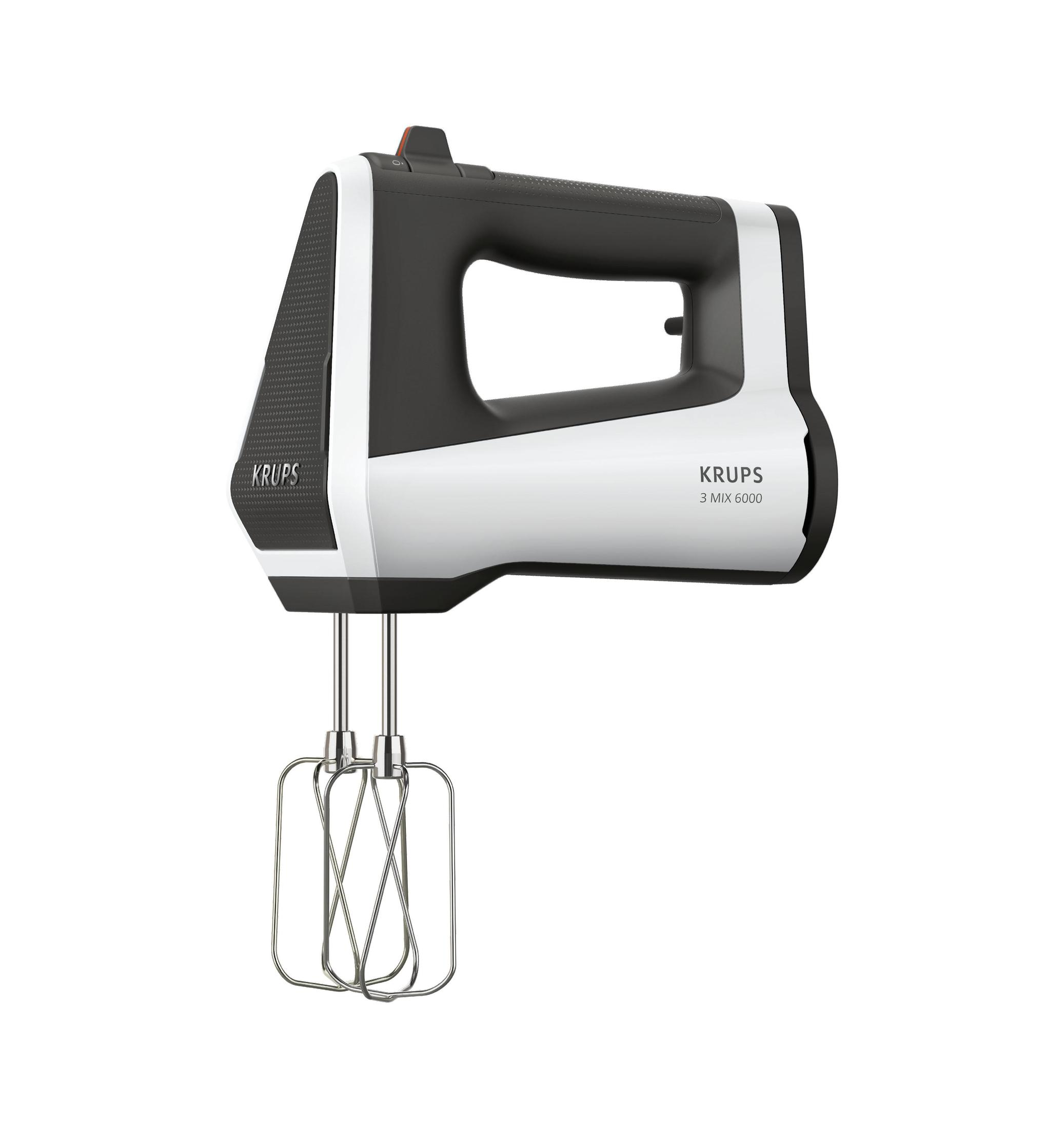 Un mixer a mano bianco e nero con fruste, isolato su sfondo bianco.